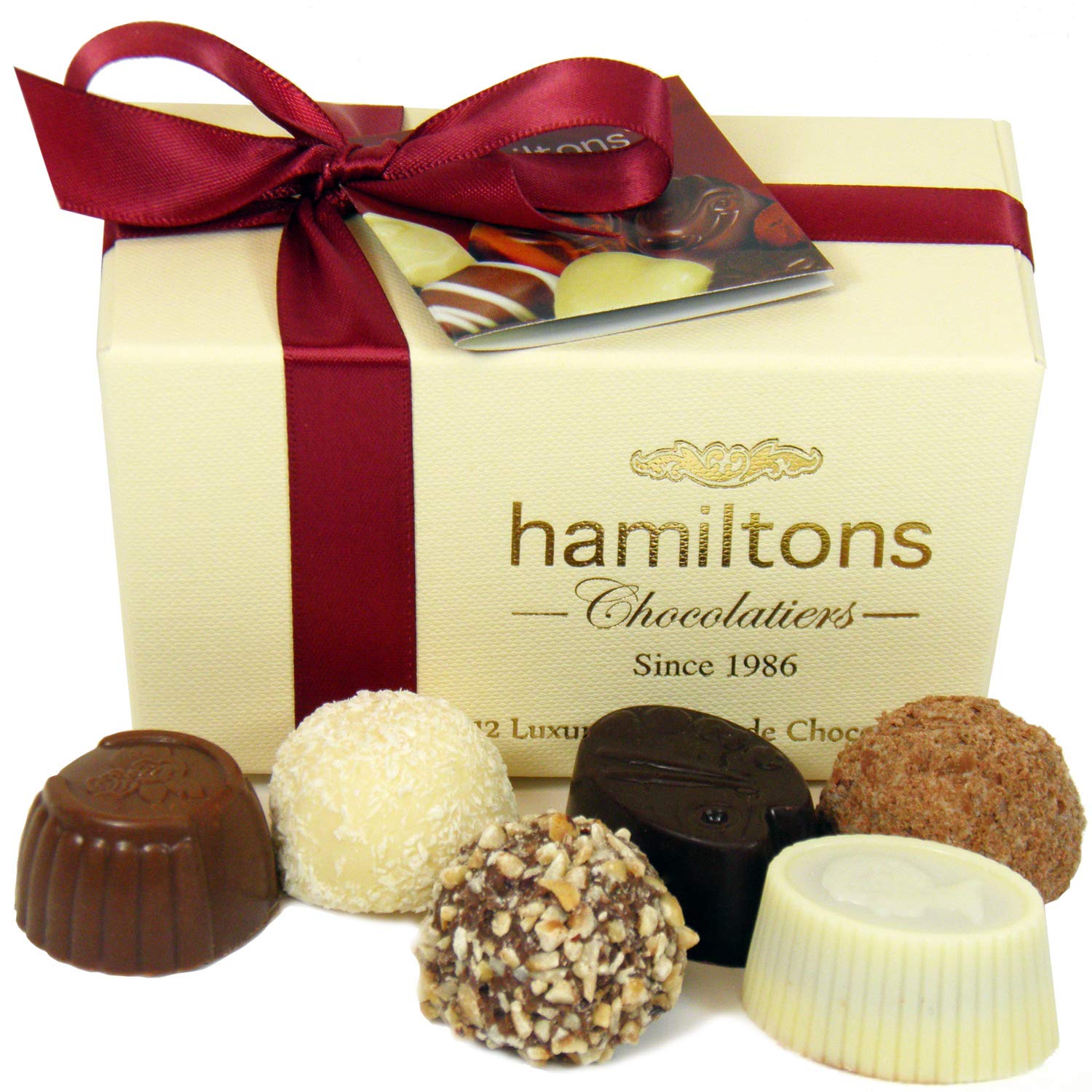 Hamiltons Elfenbeinfarbene Luxus-Ballotin-Geschenkbox mit 12 handgemachten Pralinen