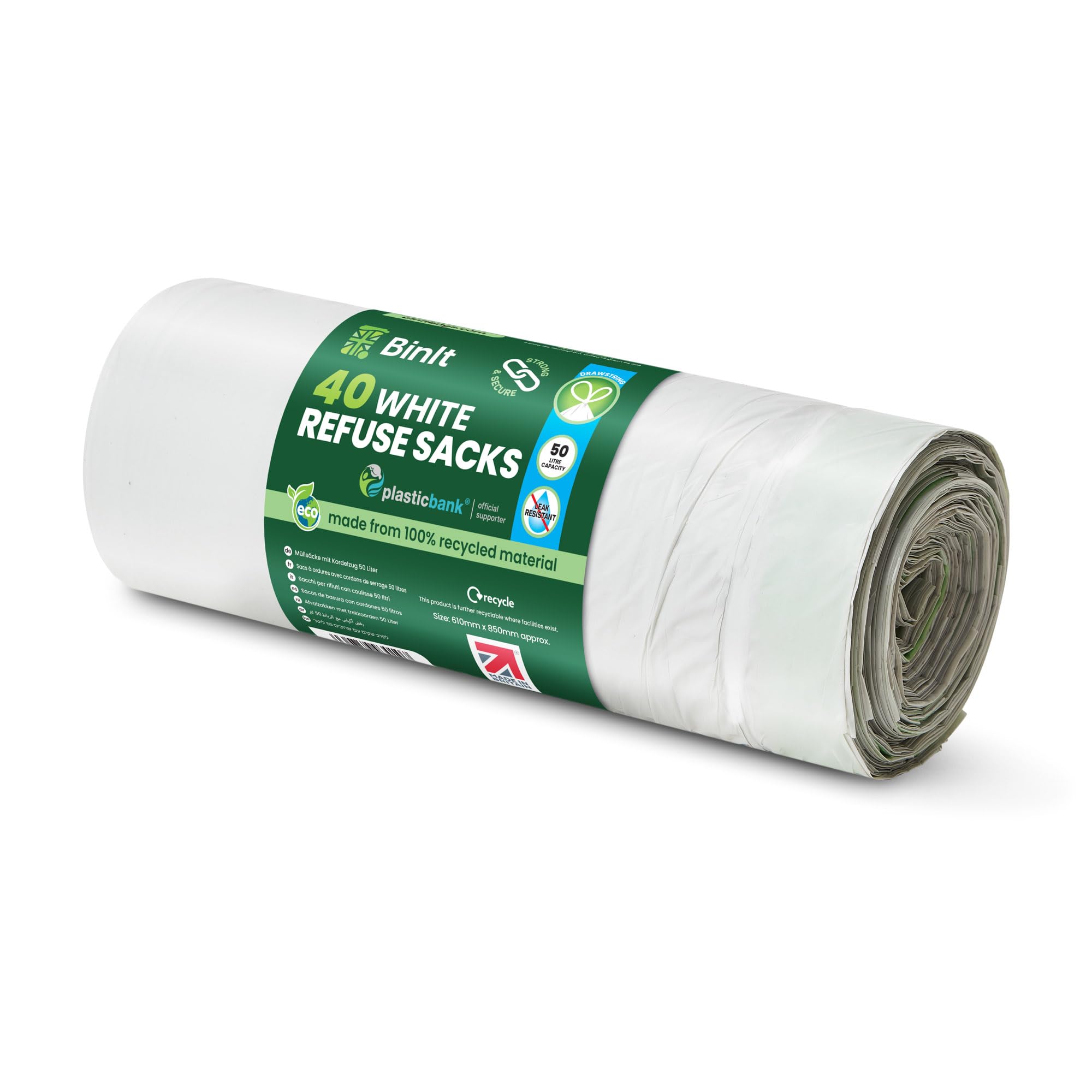 BIN IT 40 weiße, robuste und sichere Müllsäcke mit Kordelzug, 50 l, recycelte LDPE-Müllsäcke