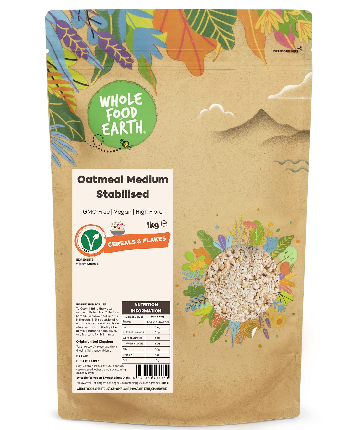 Wholefood Earth Haferflocken mittelstabilisiert 1 kg | Gentechnikfrei | Ballaststoffreich