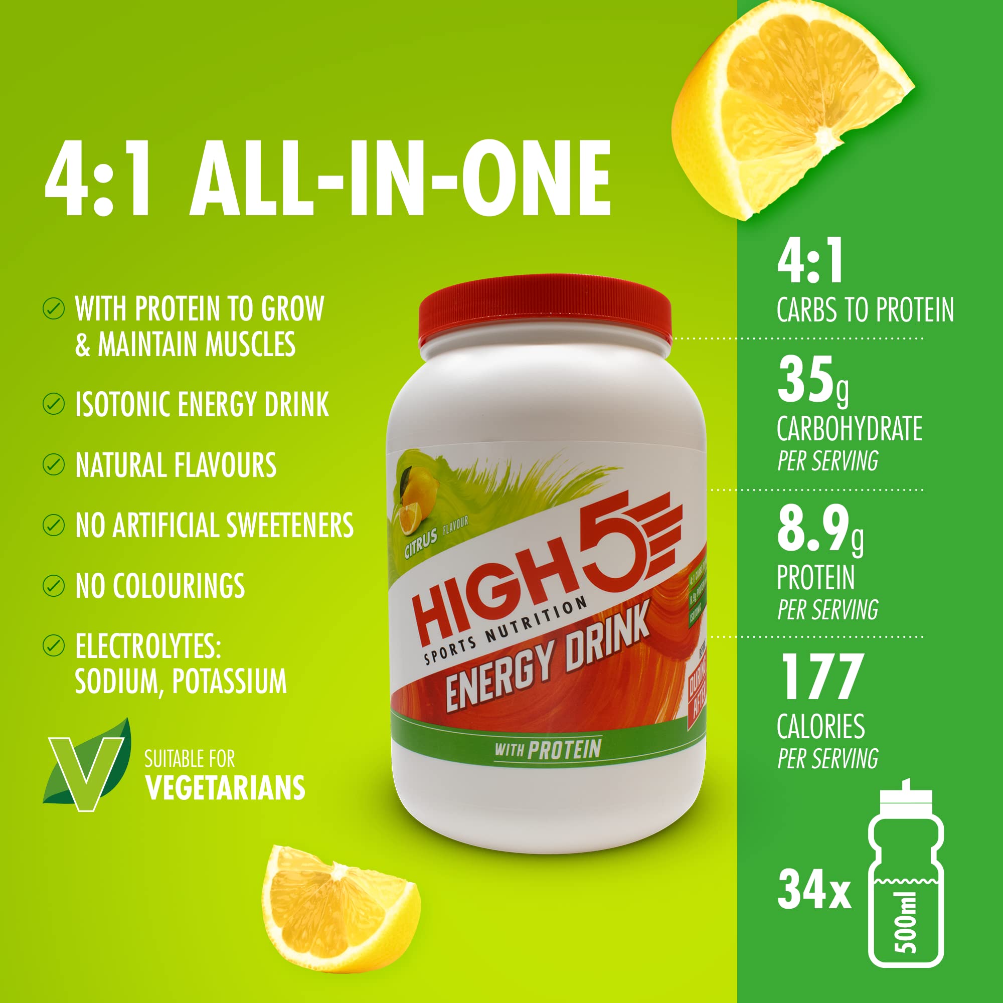 HIGH5 Energy Drink mit Proteinmischung aus Kohlenhydraten, Protein und Elektrolyten (Zitrus, 1,6 kg)