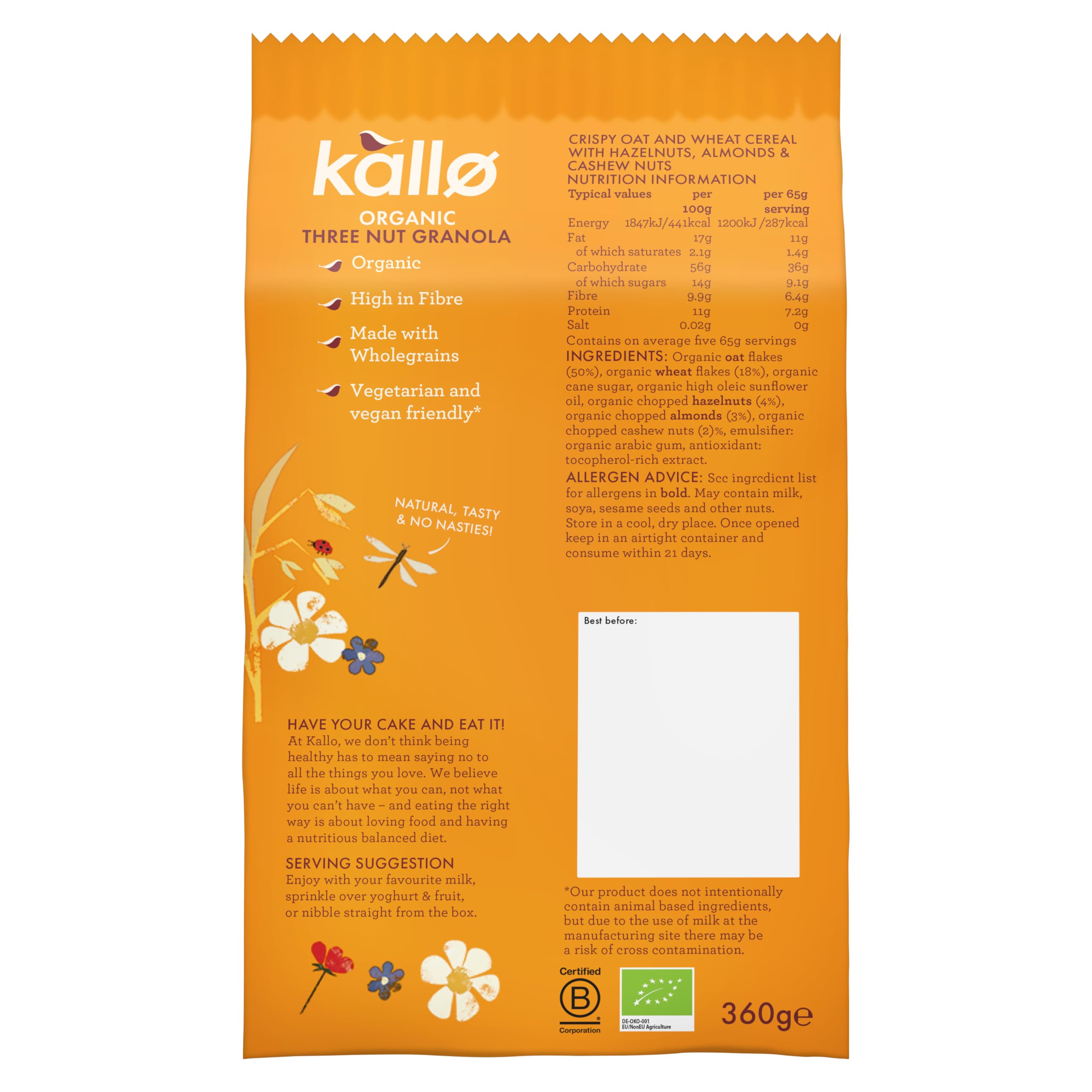 Kallo Bio Drei-Nuss-Crunch-Granola, 360 g – Ballaststoffreiches Vollkorn-Frühstücksmüsli
