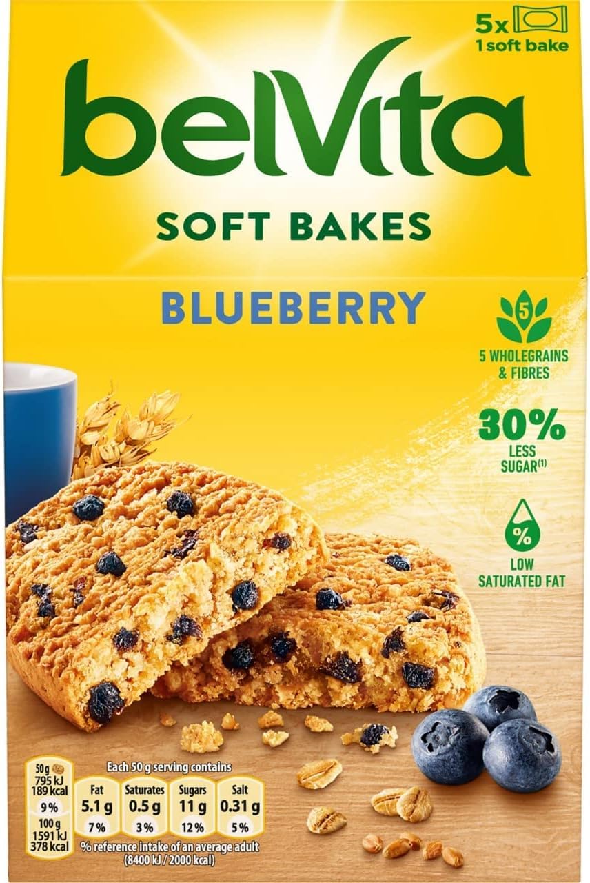 Belvita Frühstückskekse, weiches Gebäck, gefüllt mit Blaubeeren – weicher und zäher Frühstückssnack für unterwegs
