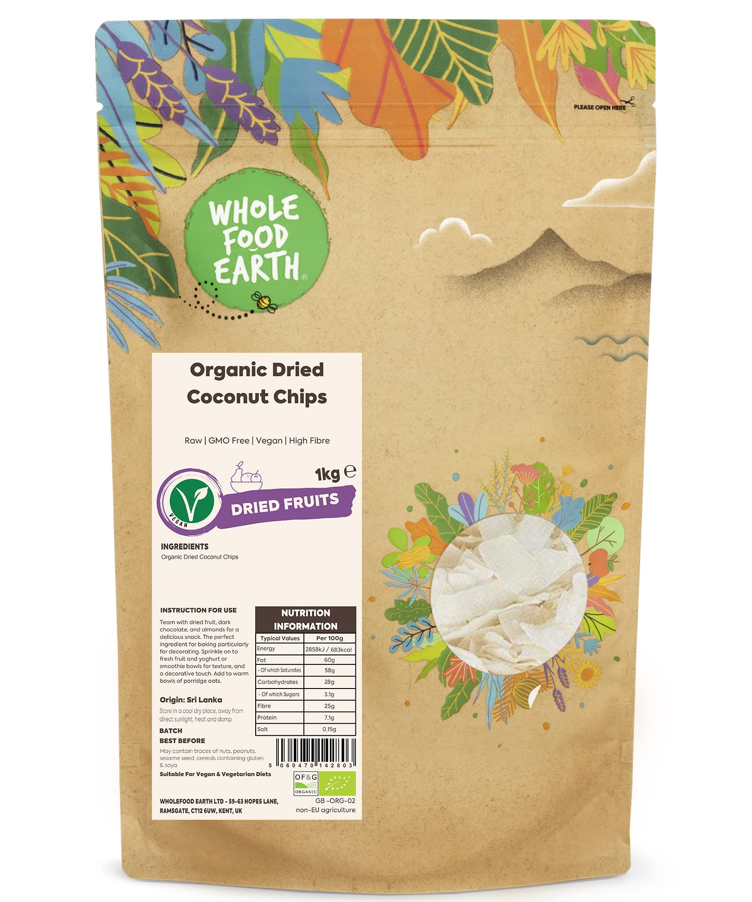 Wholefood Earth Bio Getrocknete Kokoschips – 1 kg | Roh | Gentechnikfrei | Vegan
