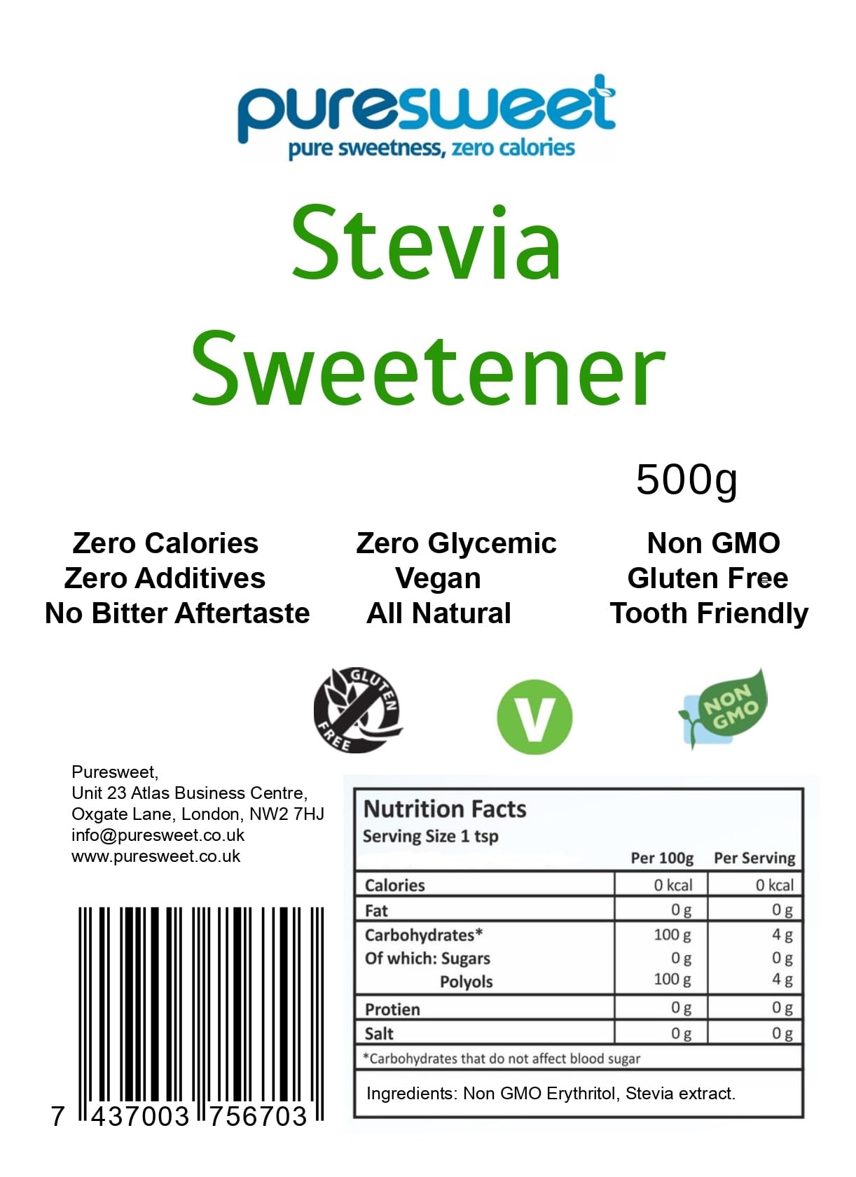 Puresweet® Premium Stevia Süßstoff 500g - Schmeckt wie Zucker, kein bitterer Nachgeschmack, Diabetikerfreundlich