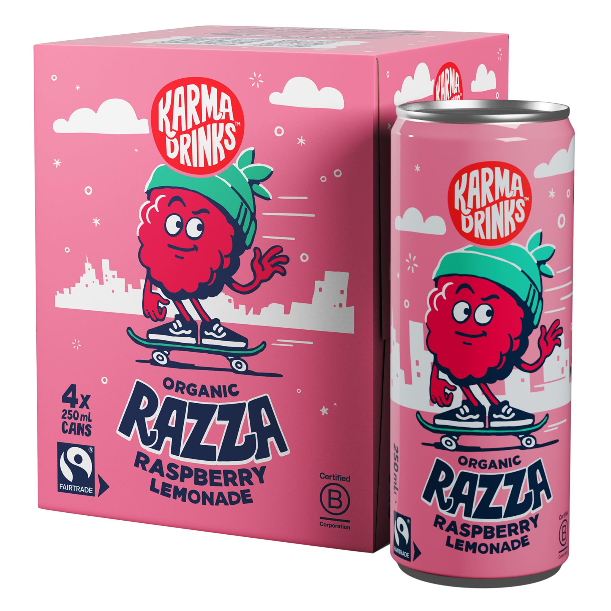 KARMA DRINKS Razza Himbeerlimonade – Bio-Glutenfreies Sprudelgetränk (250 ml x 4 Dosen)