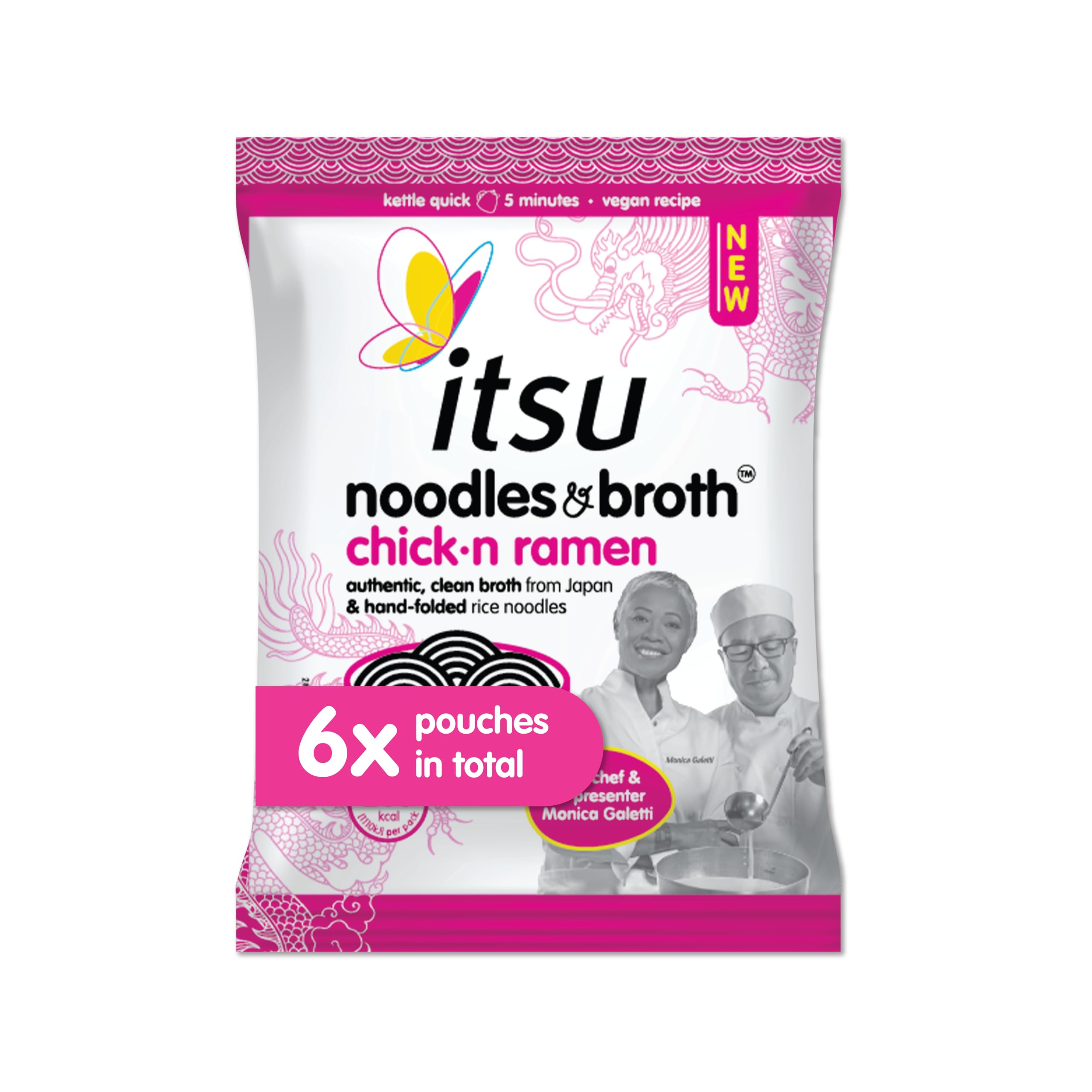 Itsu Chicken Noodles & Broth Pouch 82 g – 6er-Pack | Glutenfreie vegane Instantnudeln