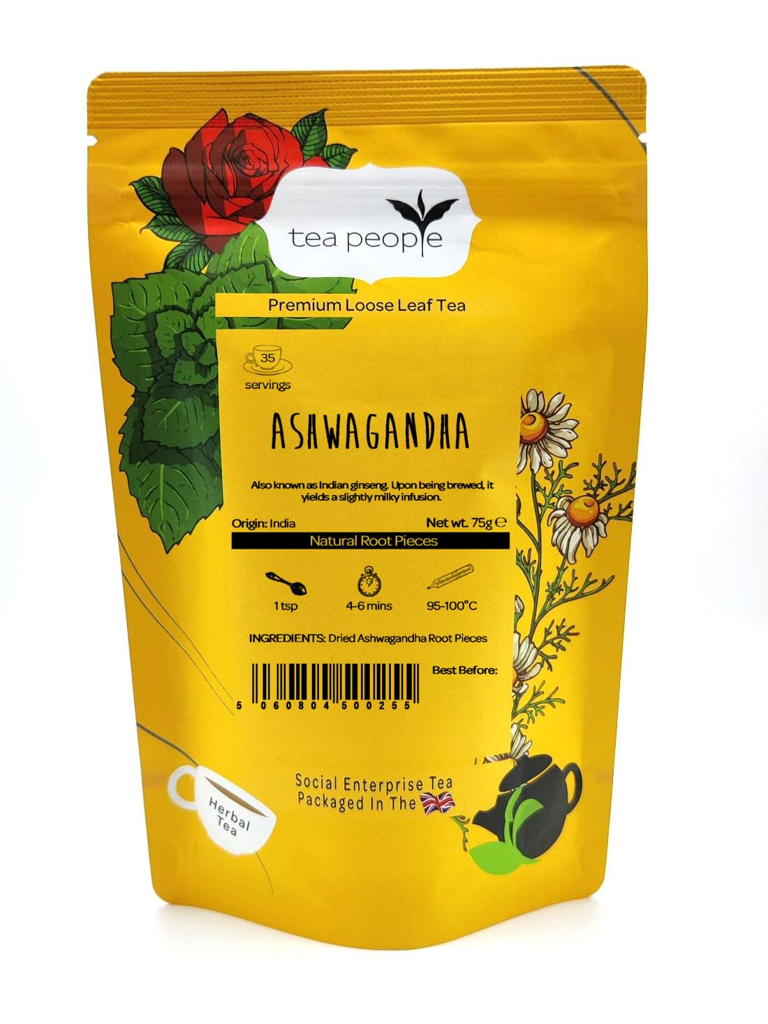 Tea People Ashwagandha Kräutertee – 75 g Einzelhandelspackung (35 Tassen) – Koffeinfreier Adaptogen-Wurzeltee