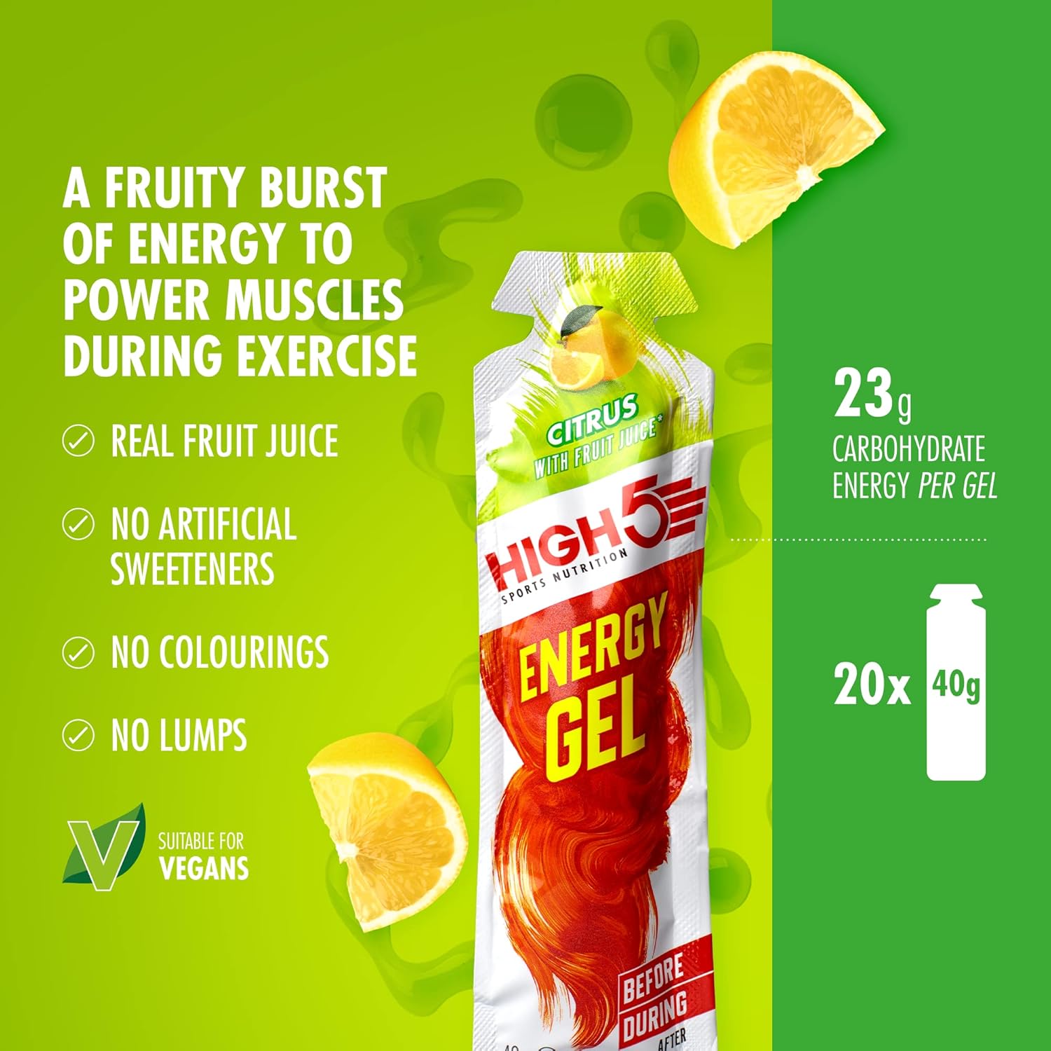 HIGH5 Energy Gel Citrus – Natürliches Fruchtsaft-Energiegel für Ausdauersport (20 x 38g)