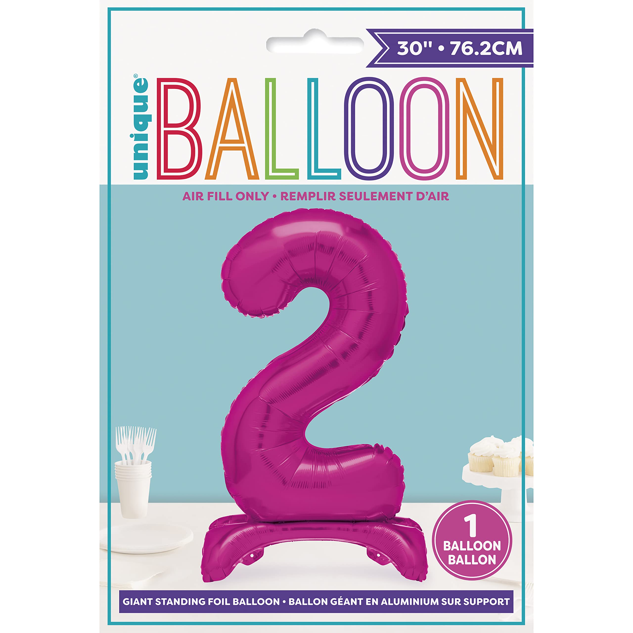 Einzigartiger, pinkfarbener Folienballon mit der Zahl 2, stehend, 76,2 cm – Partydekoration für den 2. Geburtstag