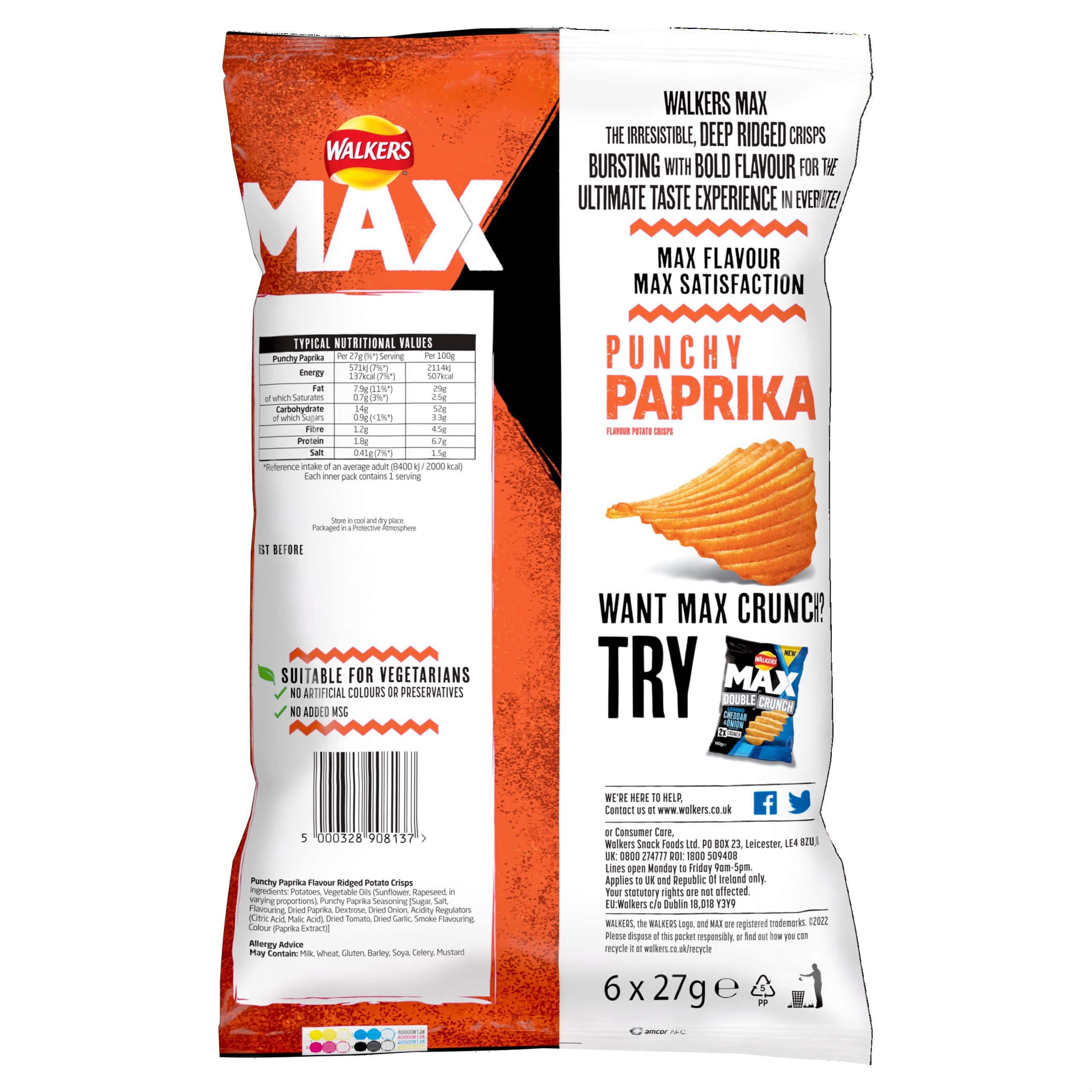 Walkers Max Chips mit knackigem Paprikageschmack, Multipack, 6 x 27 g