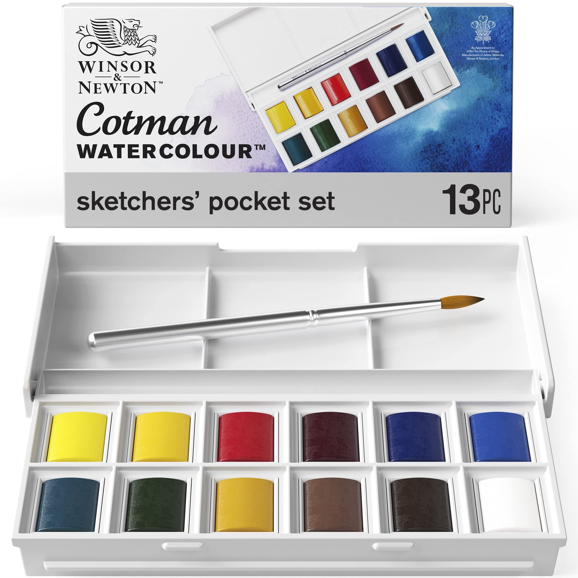 Winsor & Newton Cotman Aquarellfarben-Set – Sketchers Pocket Box mit 12 Halbnäpfen und Reisepinsel