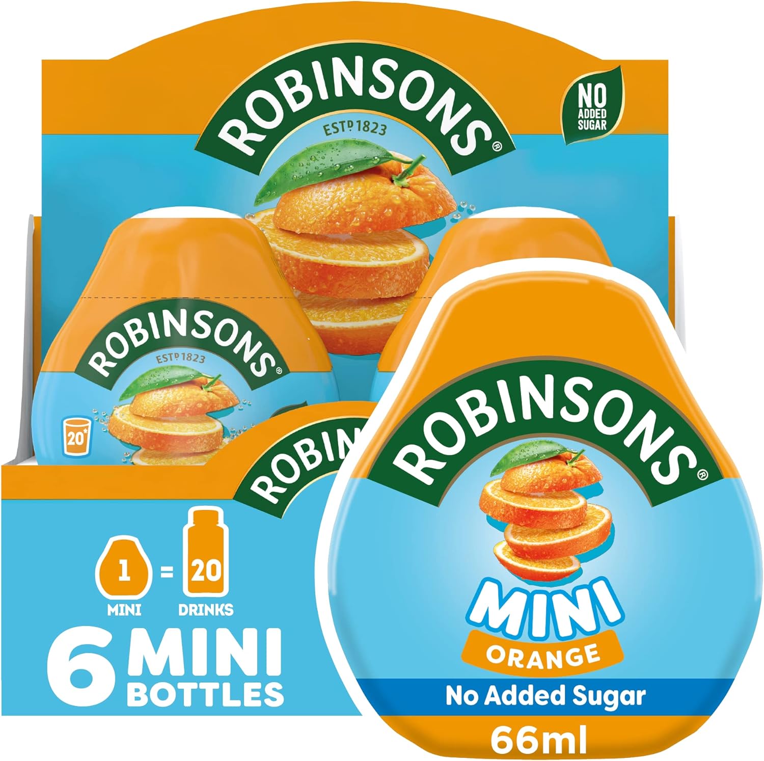 Robinsons Mini-Orangengeschmackskonzentrat ohne Zuckerzusatz, kalorienarm, 6er-Pack (je 66 ml)