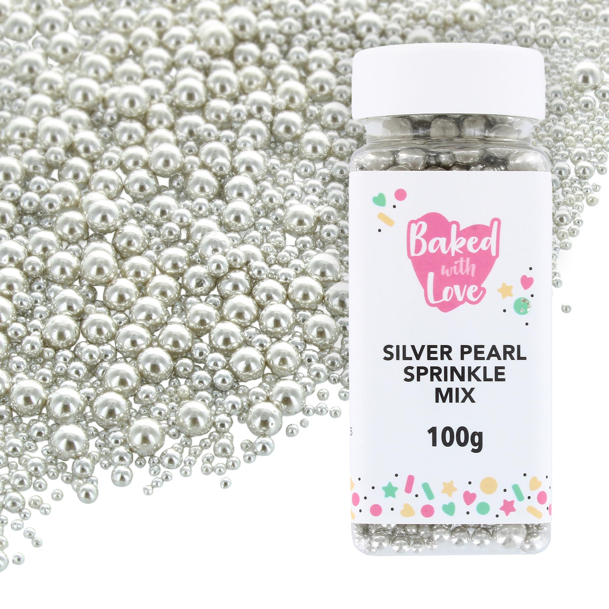 Mit Liebe gebacken – Silberperlen-Streusel 100 g | Essbare Kuchendekorationen