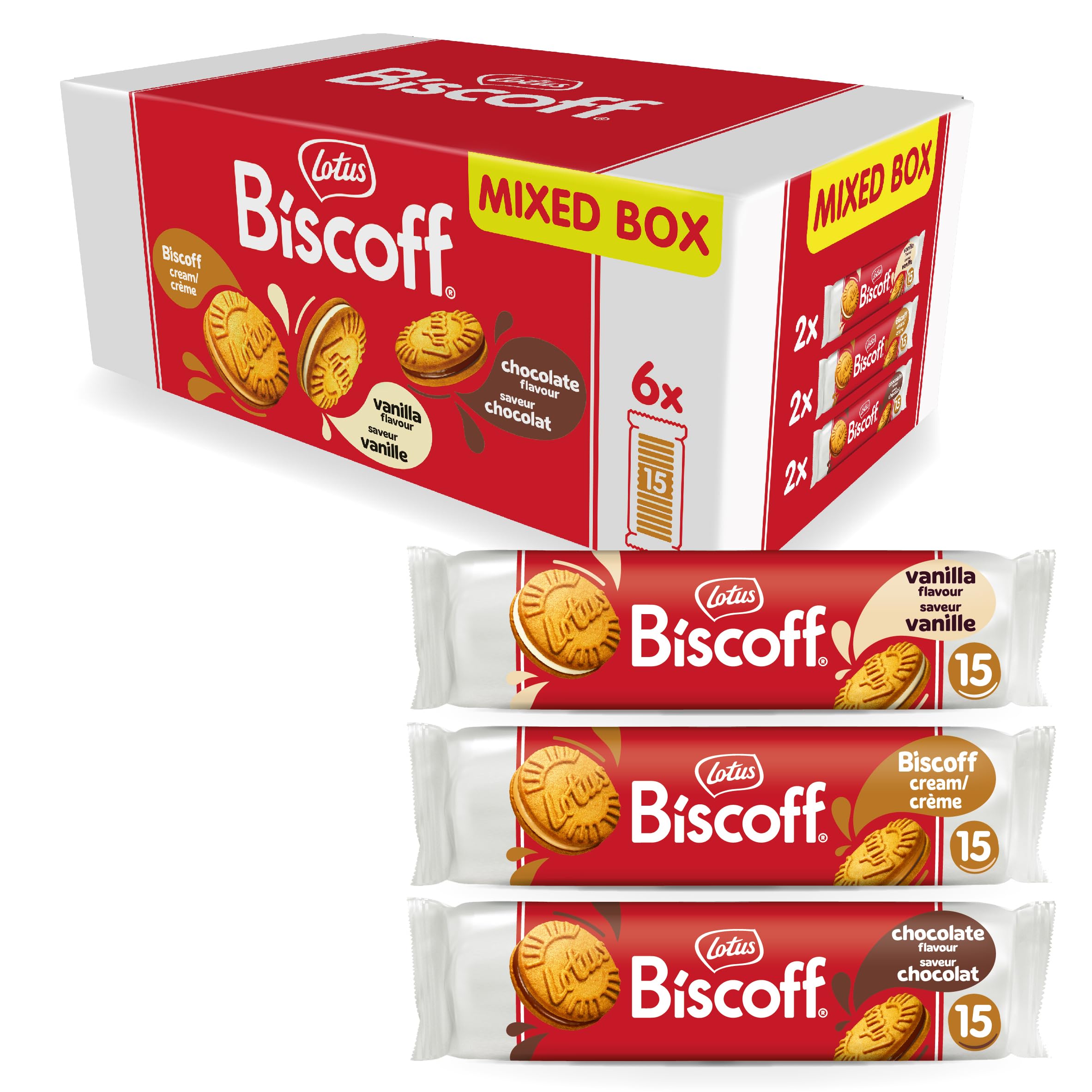 Lotus Biscoff – Sandwichkekse, verschiedene Packungen – 3 Geschmacksrichtungen – 6 Rollen (90 Kekse)