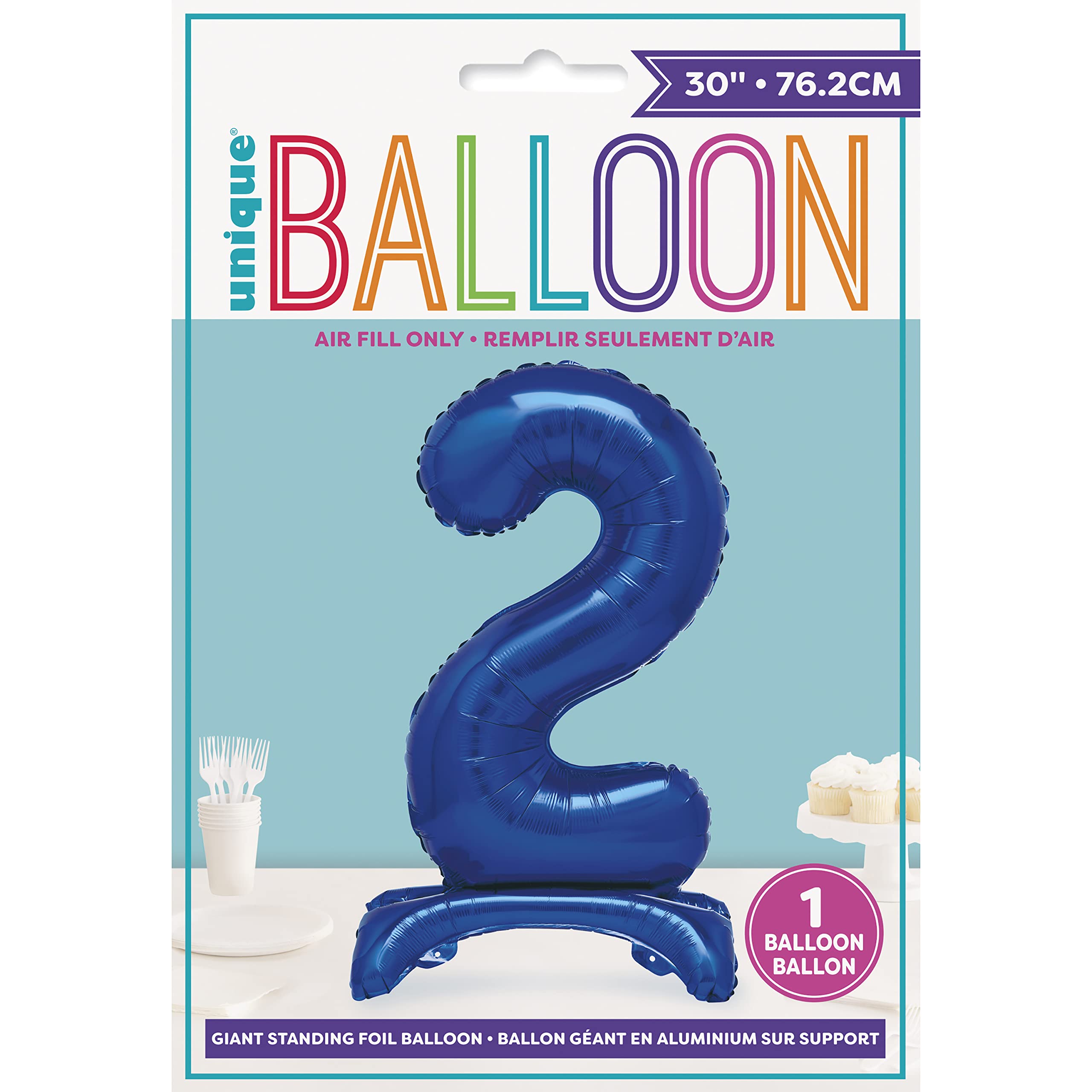 Einzigartiger blauer stehender Folienballon mit der Zahl 2, 76,2 cm – riesige Partydekoration mit Luftfüllung