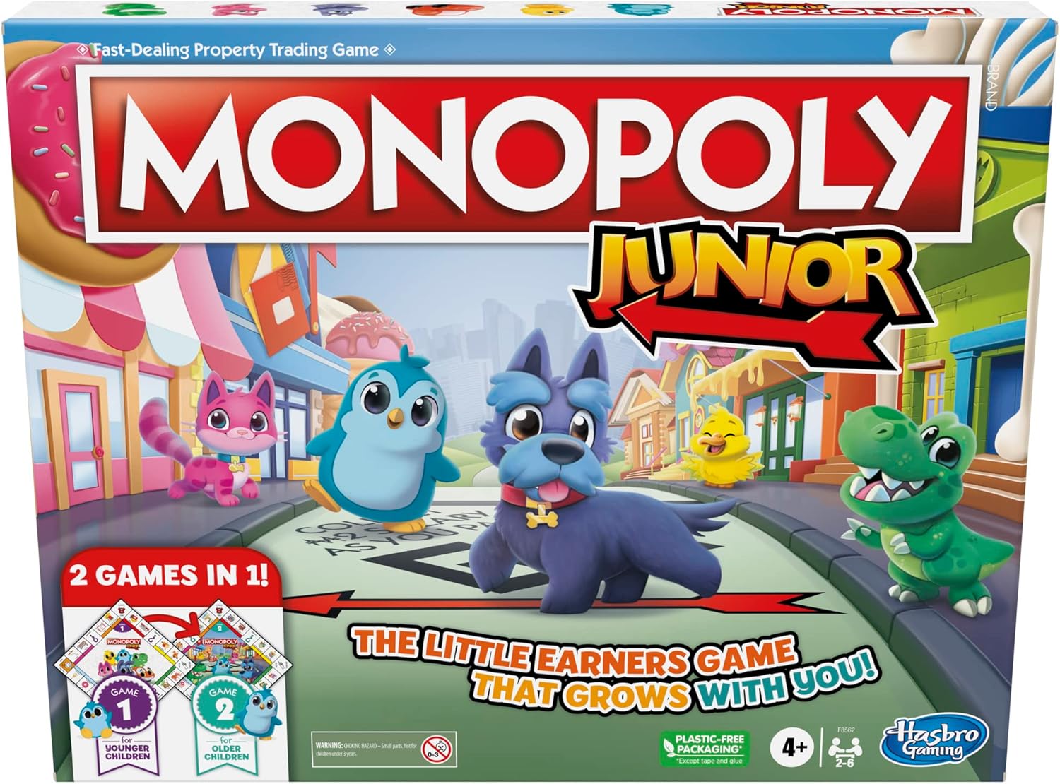 Monopoly Junior Brettspiel, 2-seitiges Spielbrett, 2 Spiele in 1