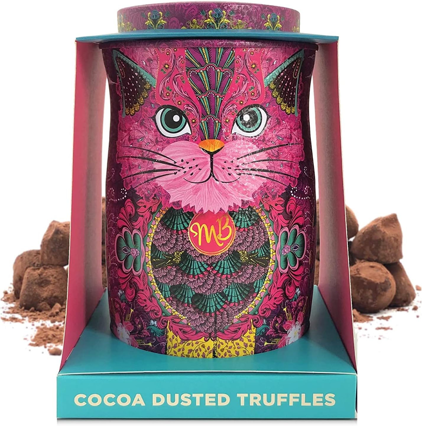 Monty Bojangles Choccy Scoffy Cat Dose – Schokoladentrüffel mit Kakaostaub, Perserkatze in Pink