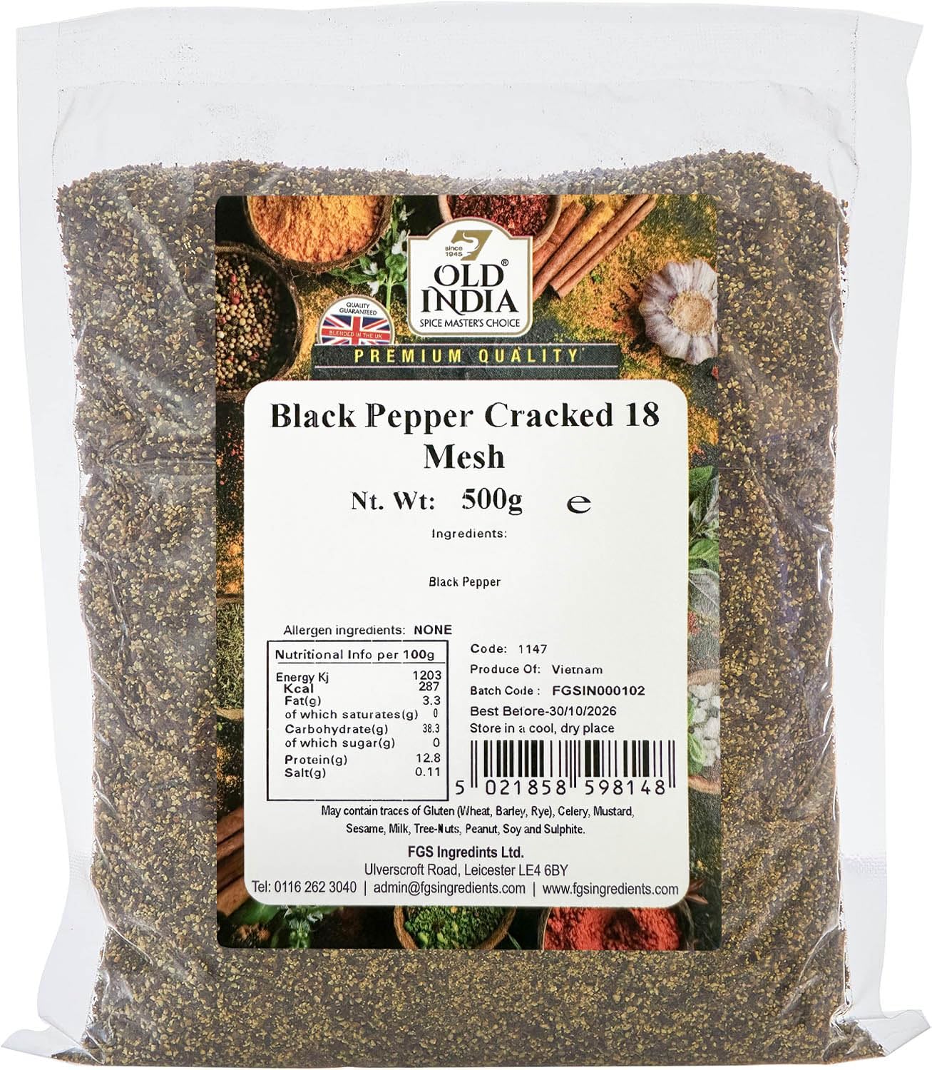 Old India Schwarzer Pfeffer, geknackt, 18 Maschen, 500 g