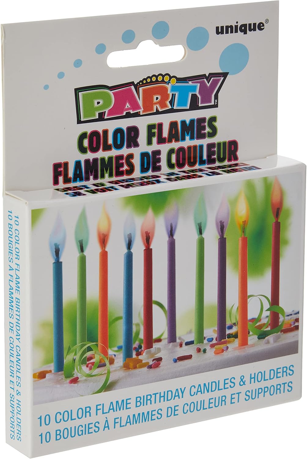 Unique Party 34099 – Geburtstagskerzen mit farbiger Flamme und Halter, 10er-Pack