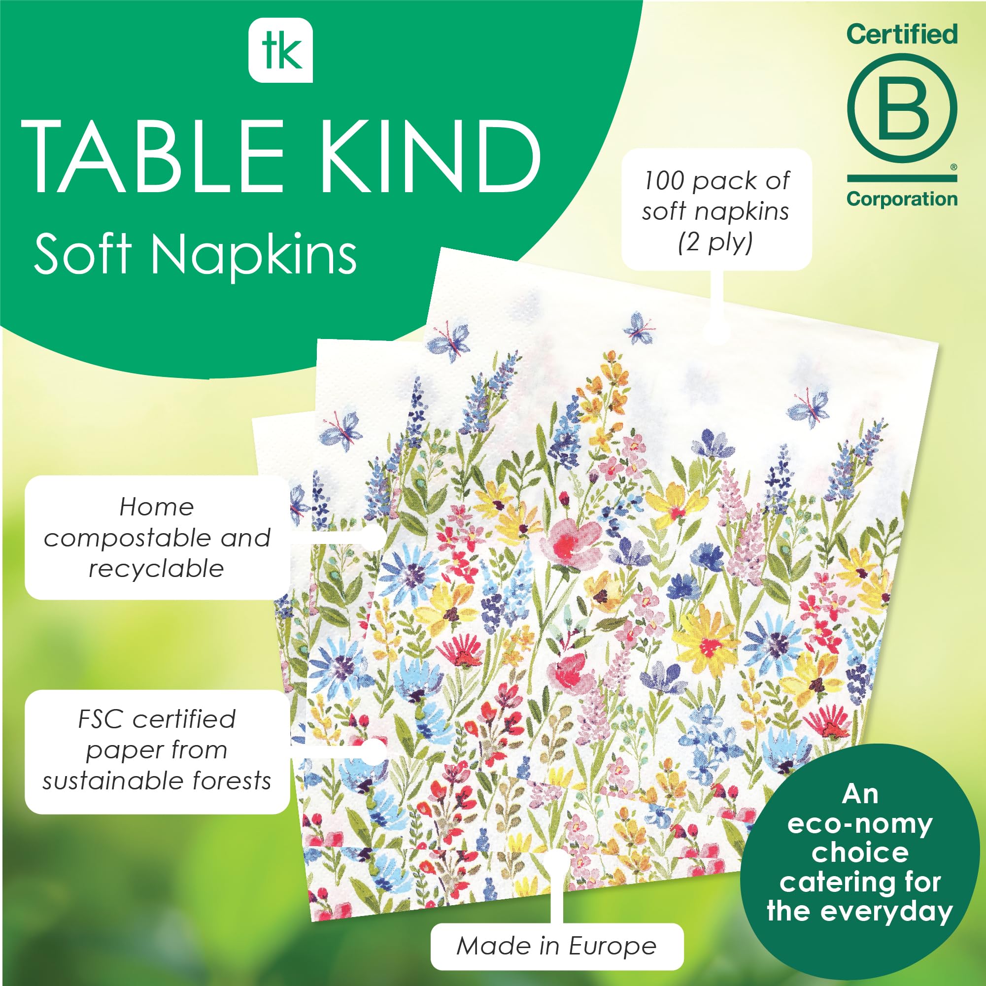 Talking Tables Floral Meadow 2-lagige Servietten aus Recyclingpapier, 100 Stück