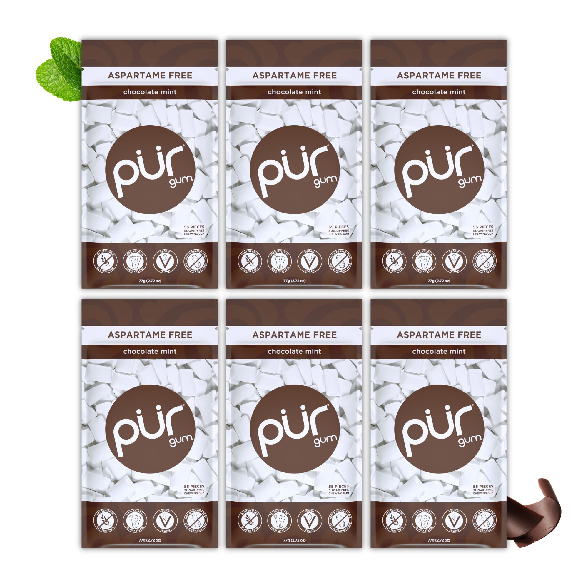 PUR - Natürliche Schoko-Minze-Kaugummis ohne Zucker (55 Stück, 6er-Pack)