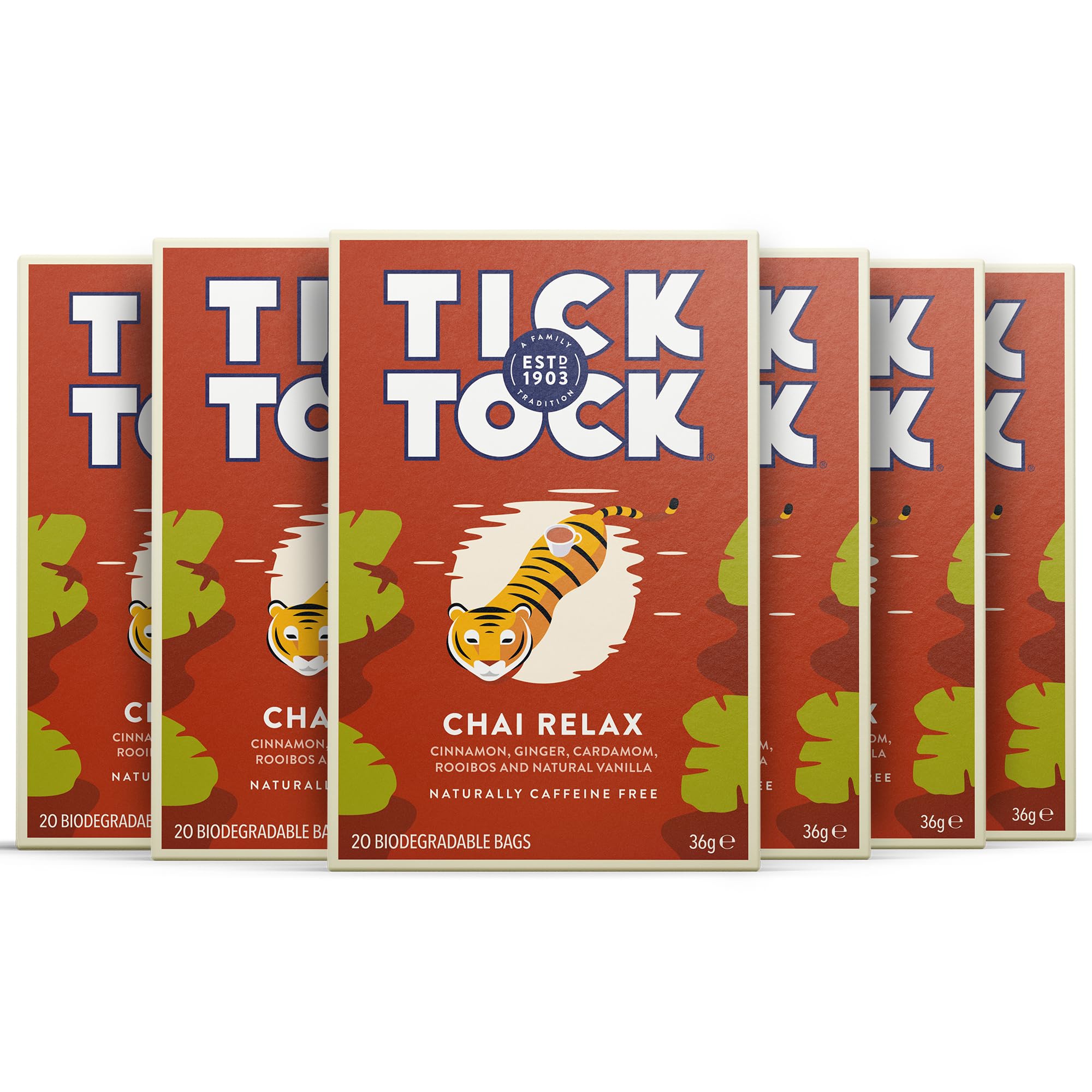 Tick Tock - Wellbeing Relax Chai Tee 6 x 20 (120 Teebeutel), Koffeinfreier Rooibos