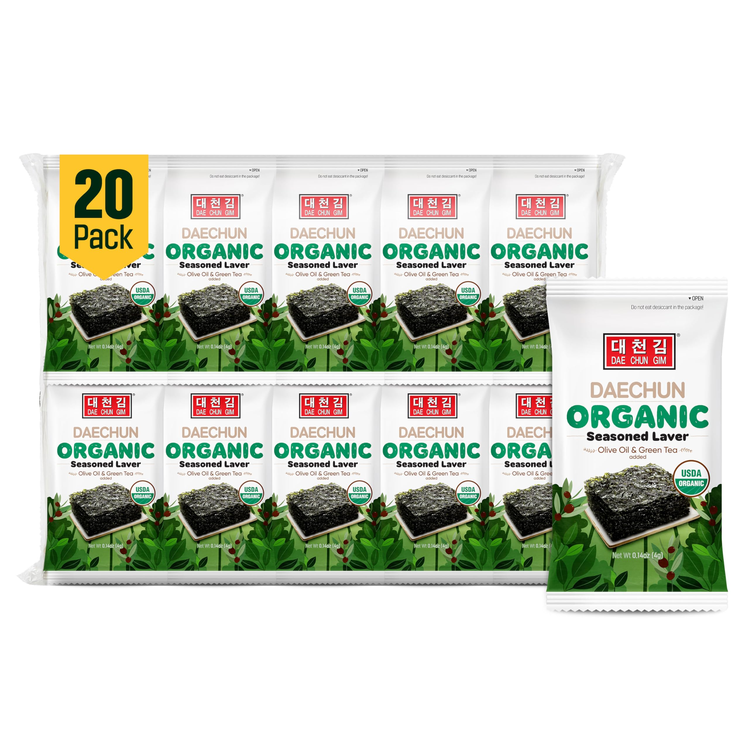 DAECHUN Bio-Algen-Snack, 20er-Pack, USDA-zertifiziert, mit Bio-Olivenöl geröstet