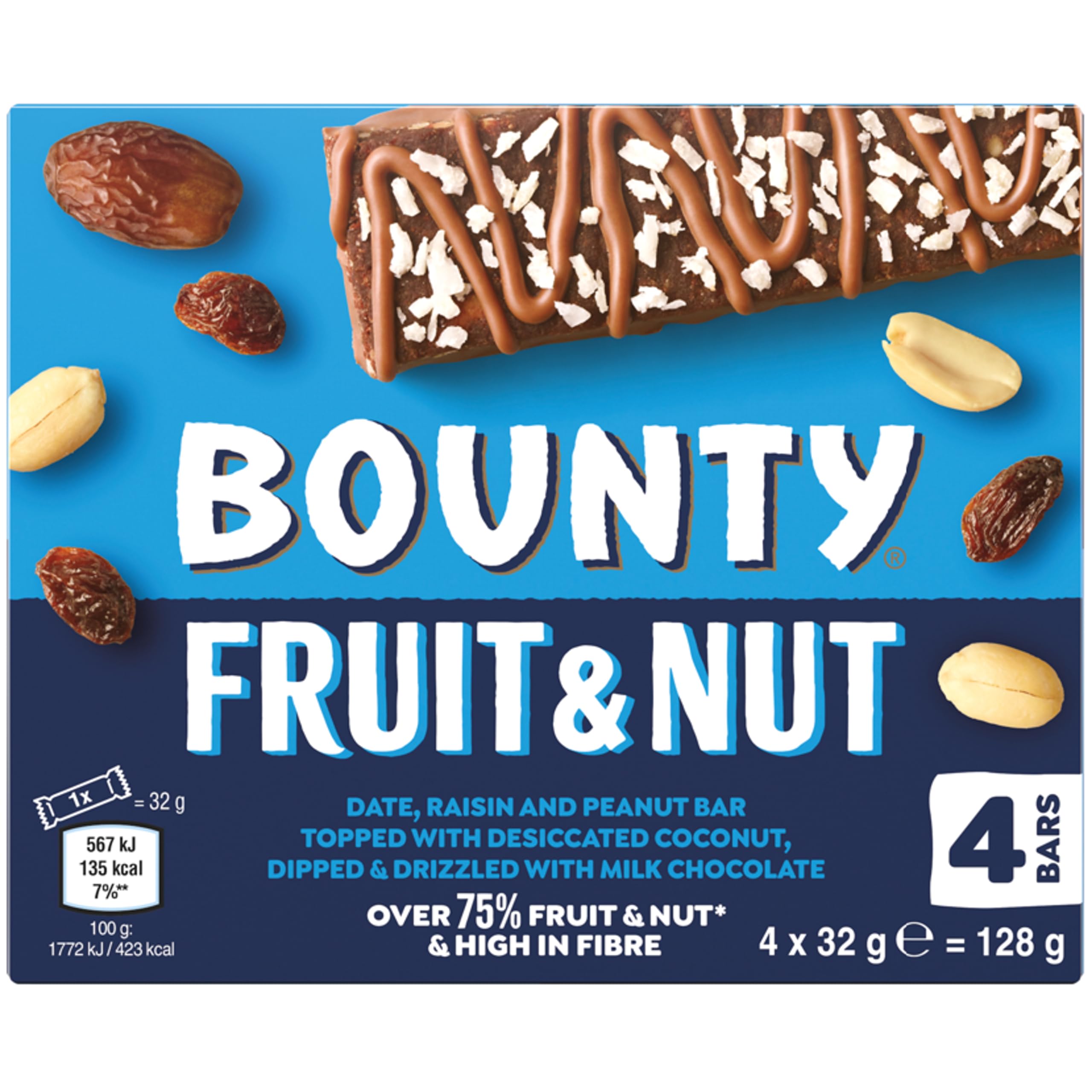 Bounty Triple Treat Frucht- und Nussmilchschokoladen-Snackriegel, Multipack, 4 x 32 g