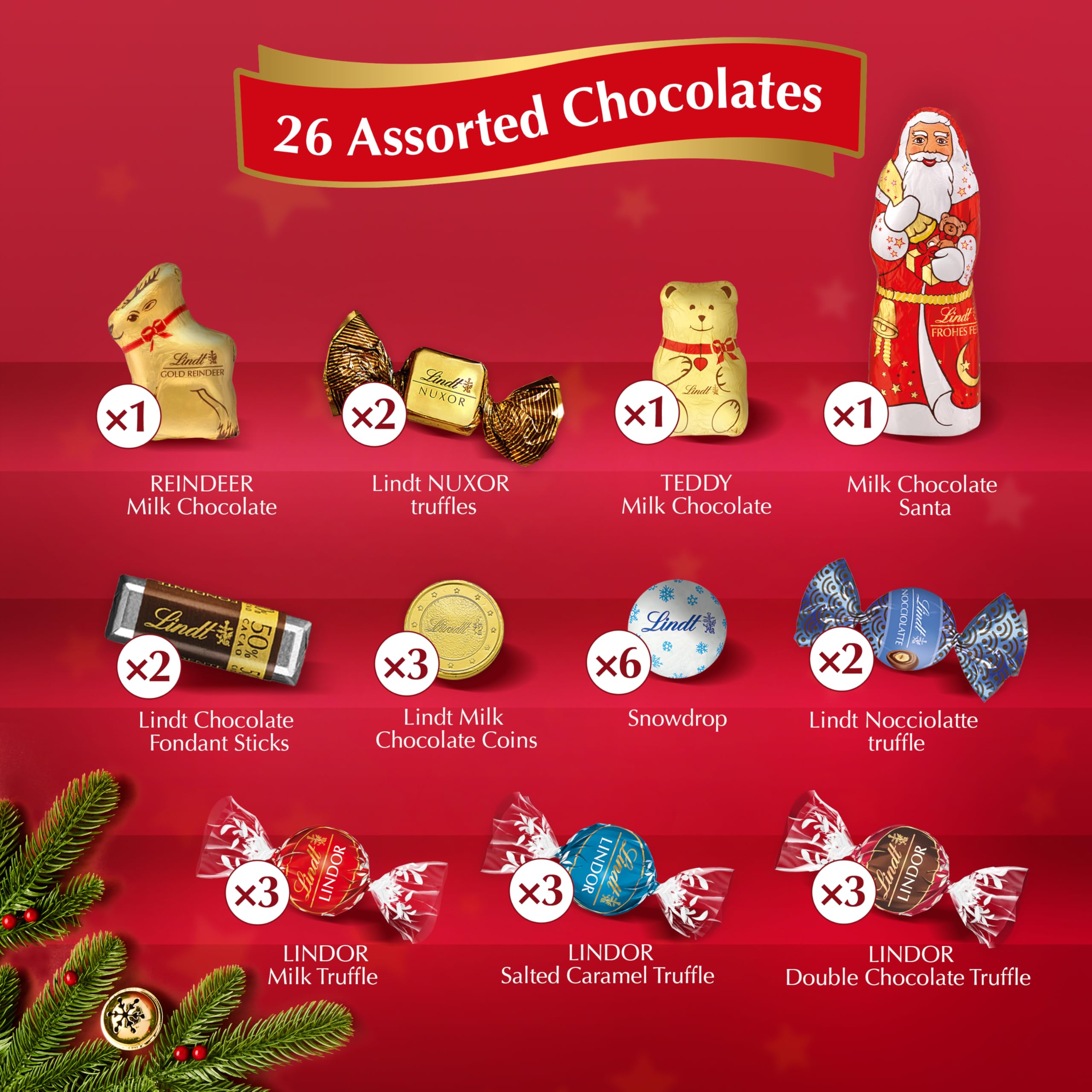 Lindt Festive Selection Adventskalender 2025 – 24-Tage-Schokoladen-Countdown, 289 g