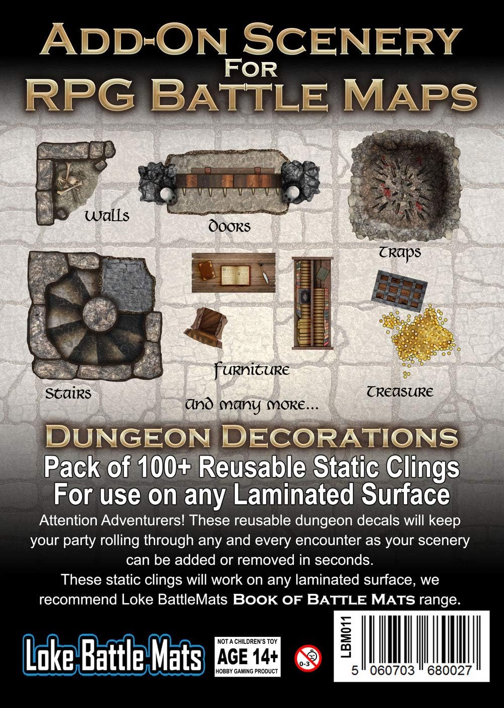 Loke Battlemats Dungeon-Dekorationen, wiederverwendbare statische Aufkleber für RPG-Kampfkarten