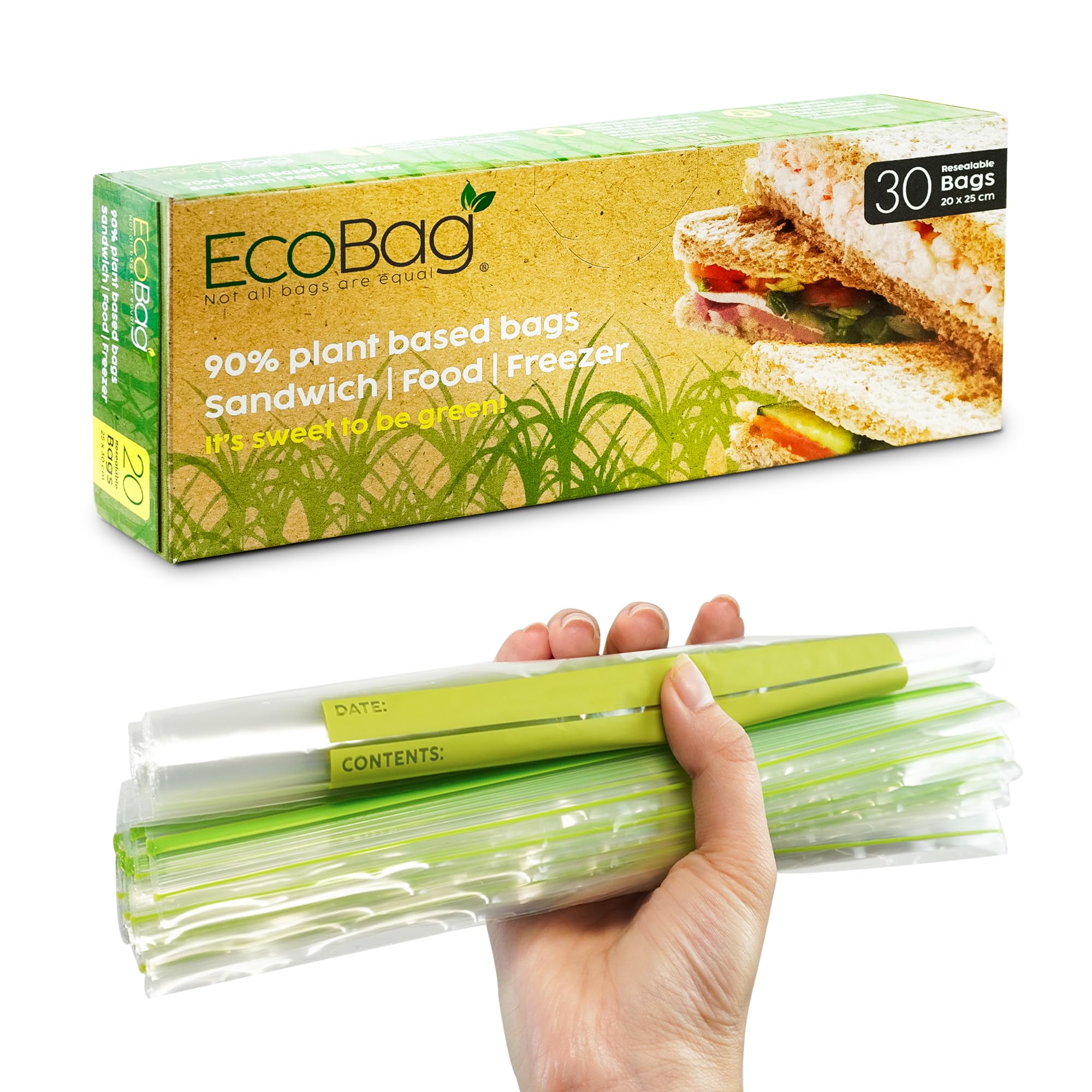 EcoBag 30er-Packung wiederverwendbare Gefrier-/Sandwichbeutel – 4,5 l, 35 Mikron, transparent