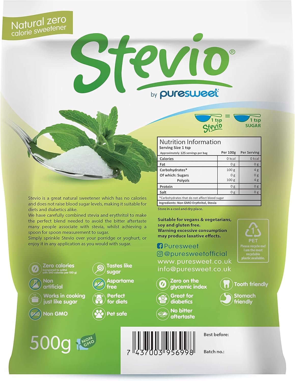 Stevio® Premium Stevia-Süßstoff 500 g – Zuckergeschmack, Diabetiker- und Keto-freundlich