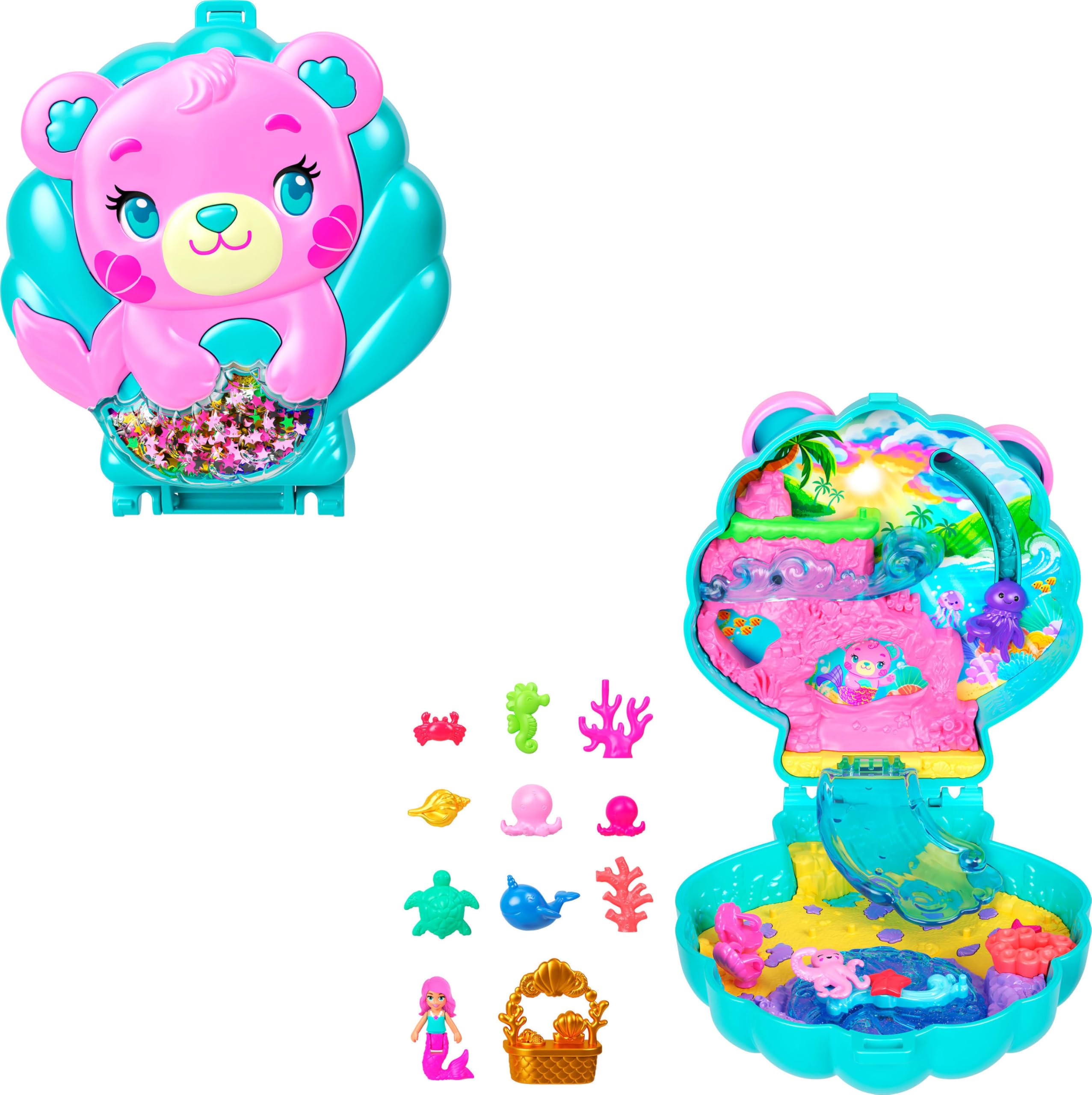Polly Pocket Glitter Island Kompaktes Spielset – Meerjungfrauen-Abenteuer mit 11 Zubehörteilen