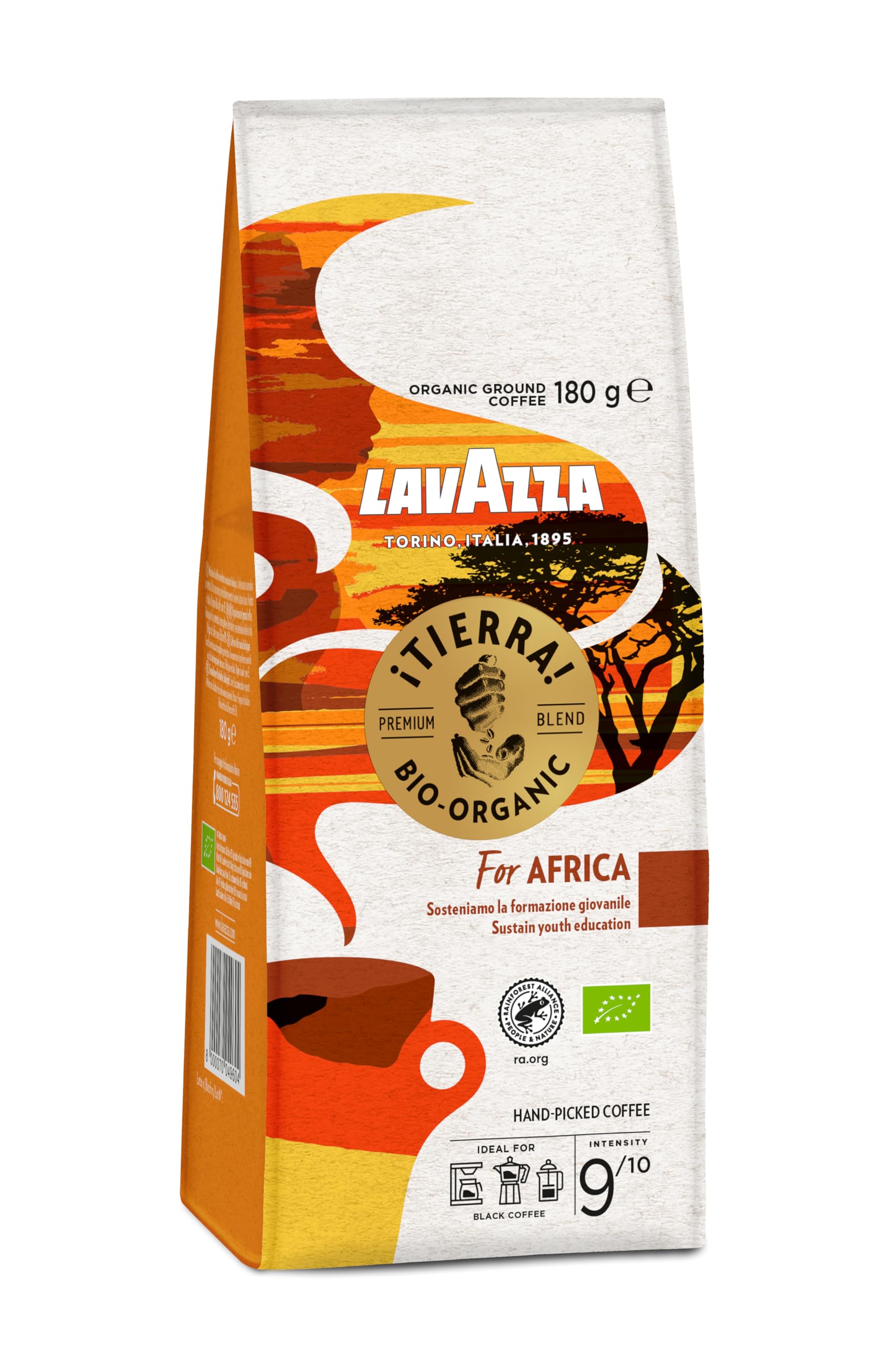 Lavazza Tierra For Africa – Bio-Kaffee gemahlen, 6 x 180 g, mittlere Röstung, Intensität 9/10