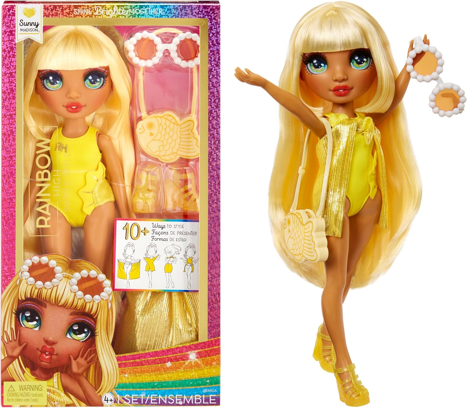 Rainbow High Swim & Style – Sunny (Gelb) – 28 cm große Puppe mit schimmerndem Wickeltuch
