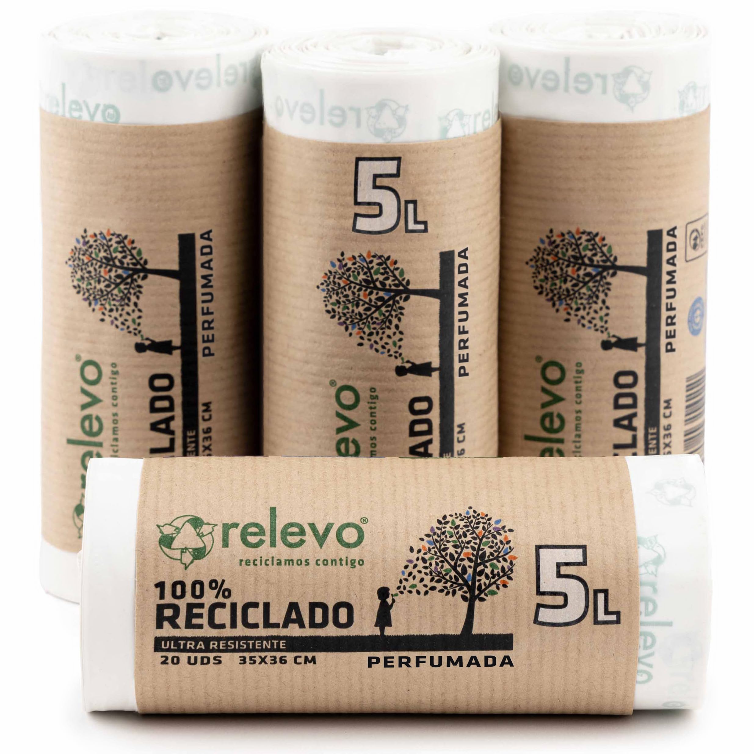 Relevo 5L Müllbeutel – 80 recycelte kleine Müllbeutel (35 x 36 cm), 30 µm Dicke, weiß
