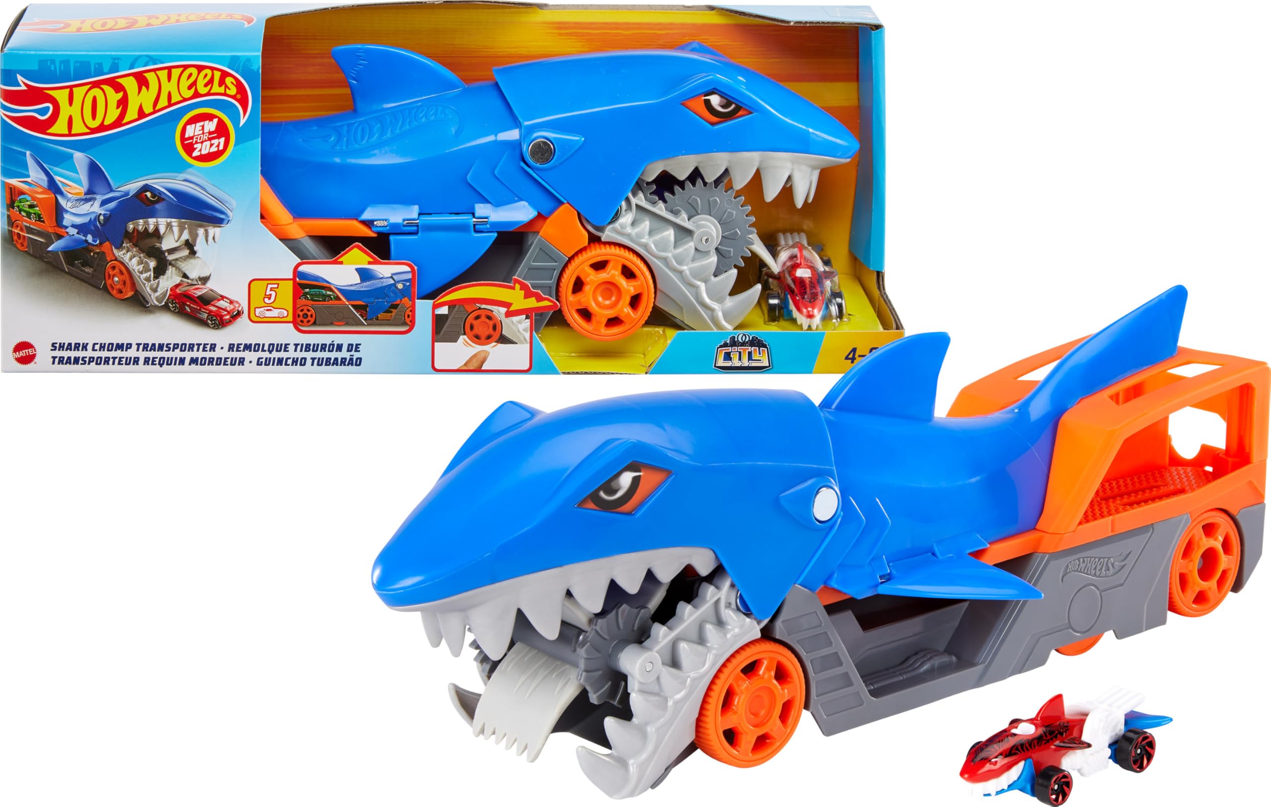 Hot Wheels Shark Chomp Transporter Spielset & Druckgussauto – Fahrzeugspielzeug für Kinder ab 4 Jahren
