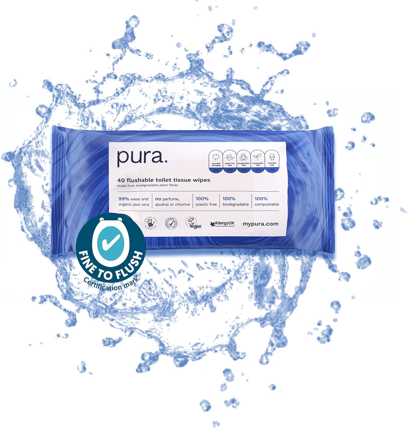 Pura – Feuchte Toilettentücher zum Abspülen, 100 % plastikfreie, biologisch abbaubare Feuchttücher (40 Stück)