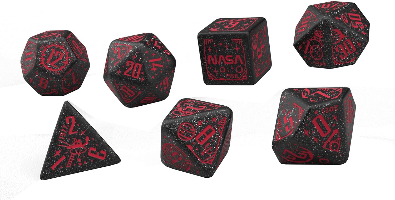 Q WORKSHOP Weltraumwürfel-Set Voyager RPG-Würfel – Schimmerndes Schwarz mit roter Gravur