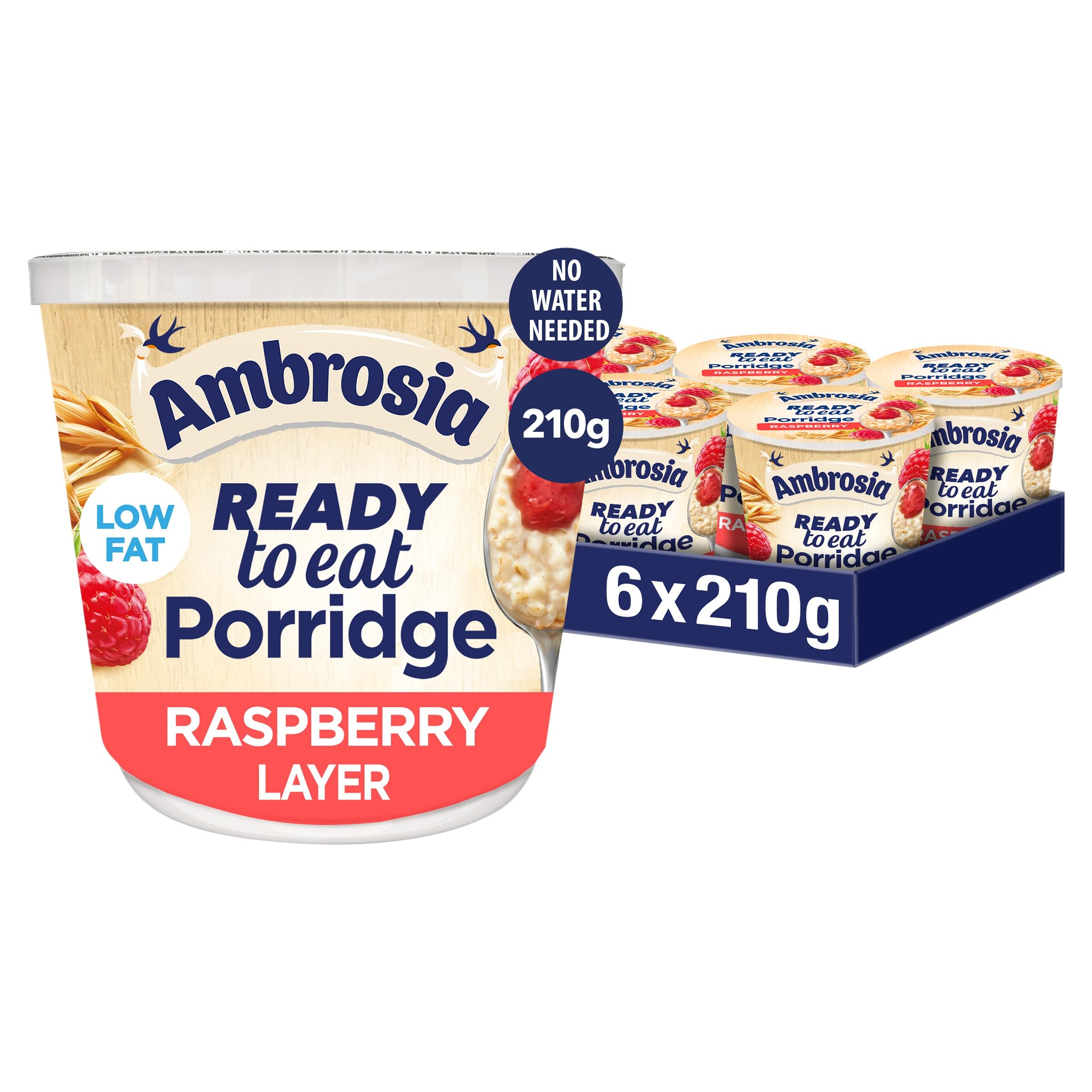 Ambrosia Himbeer-Schichtporridge-Töpfchen mit britischem Vollkornhafer, verzehrfertig, 210 g (6er-Pack)