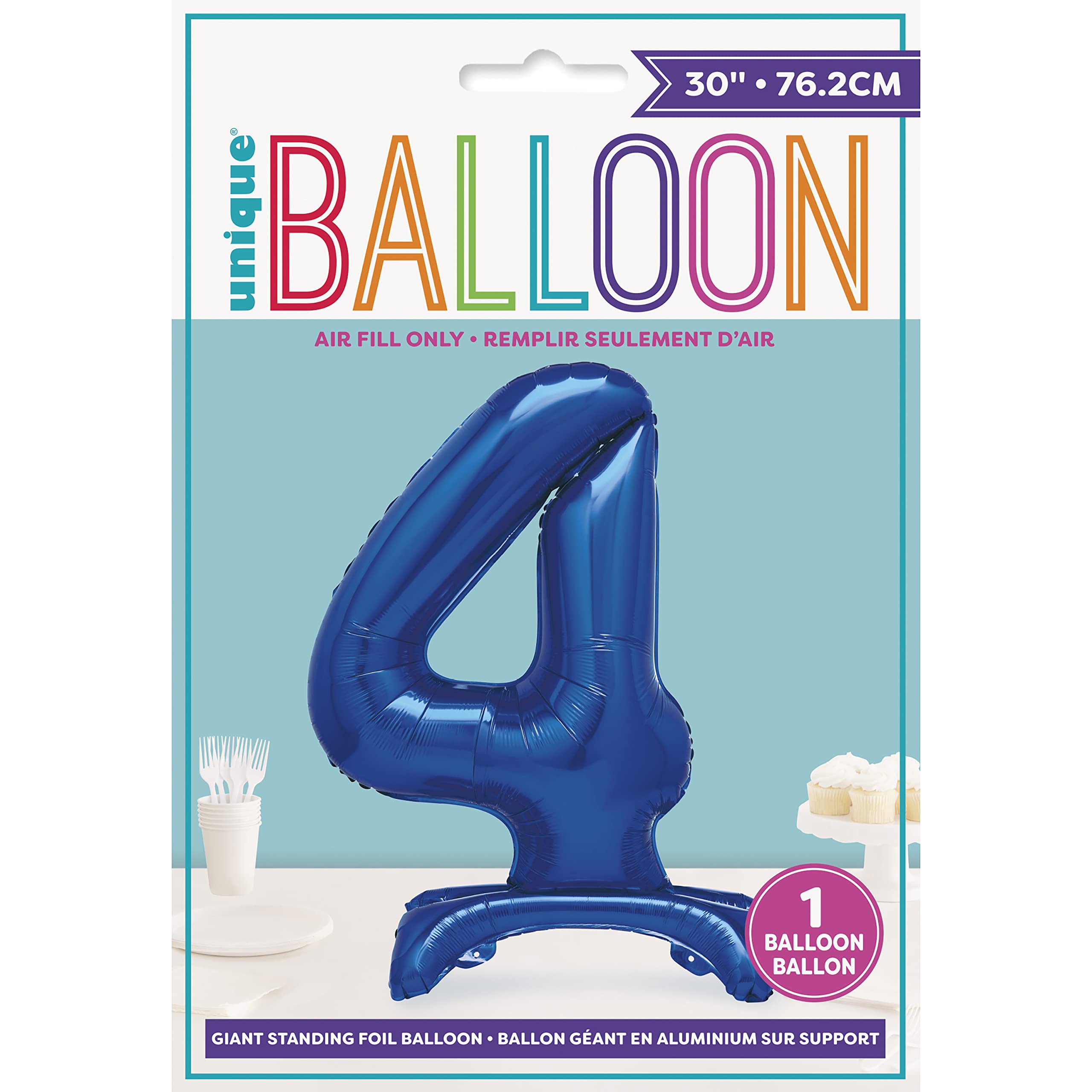 Einzigartiger blauer stehender Folienballon mit der Zahl 4, 76,2 cm – riesige Partydekoration mit Luftfüllung