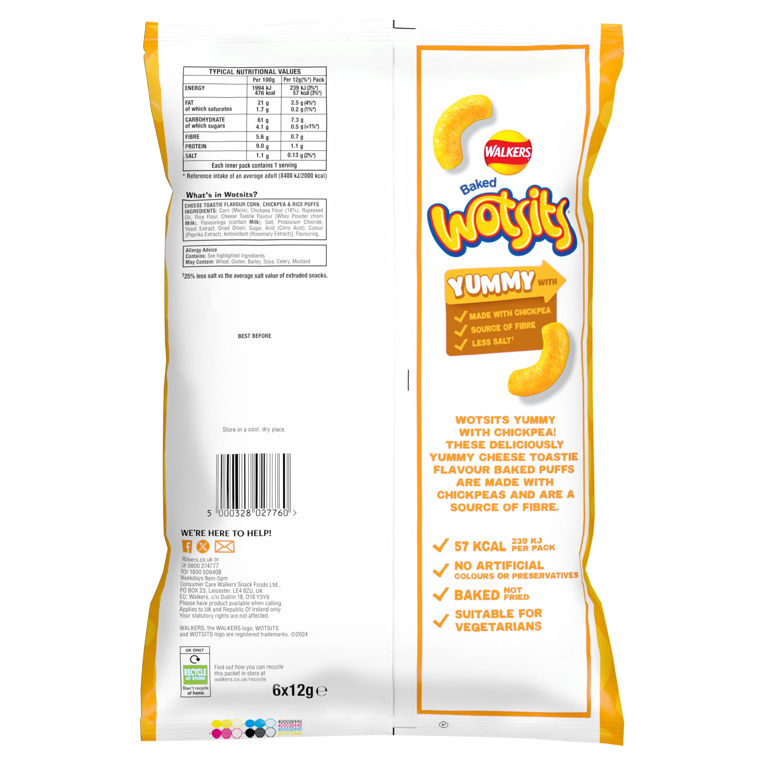 Walkers Wotsits Cheese Toastie 6er-Pack Chips – Gebackene Snacks mit Käsegeschmack aus Kichererbsen