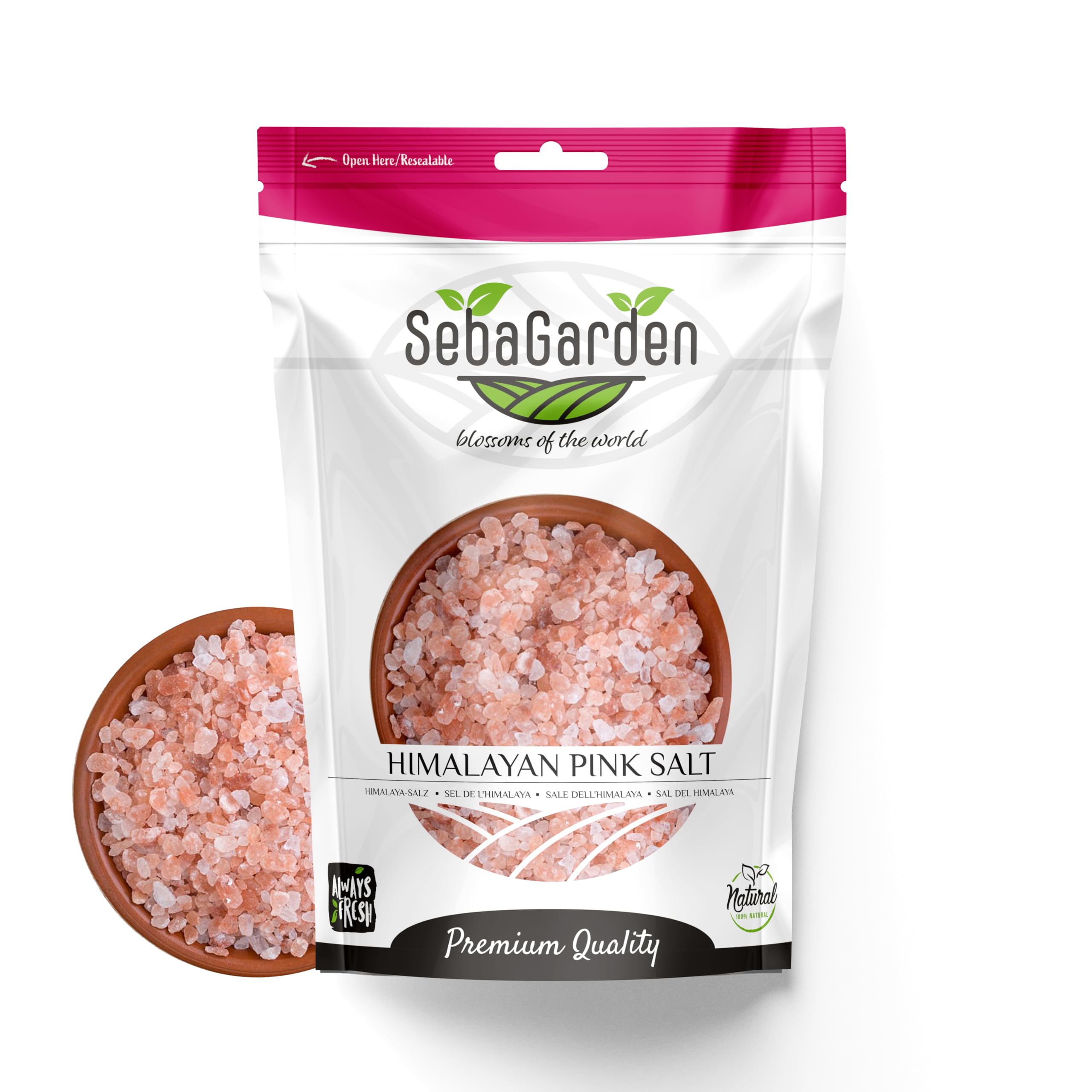 Seba Garden – 100 % reines rosa Himalaya-Salz (extrafein, 1 kg, wiederverschließbarer Doypack)