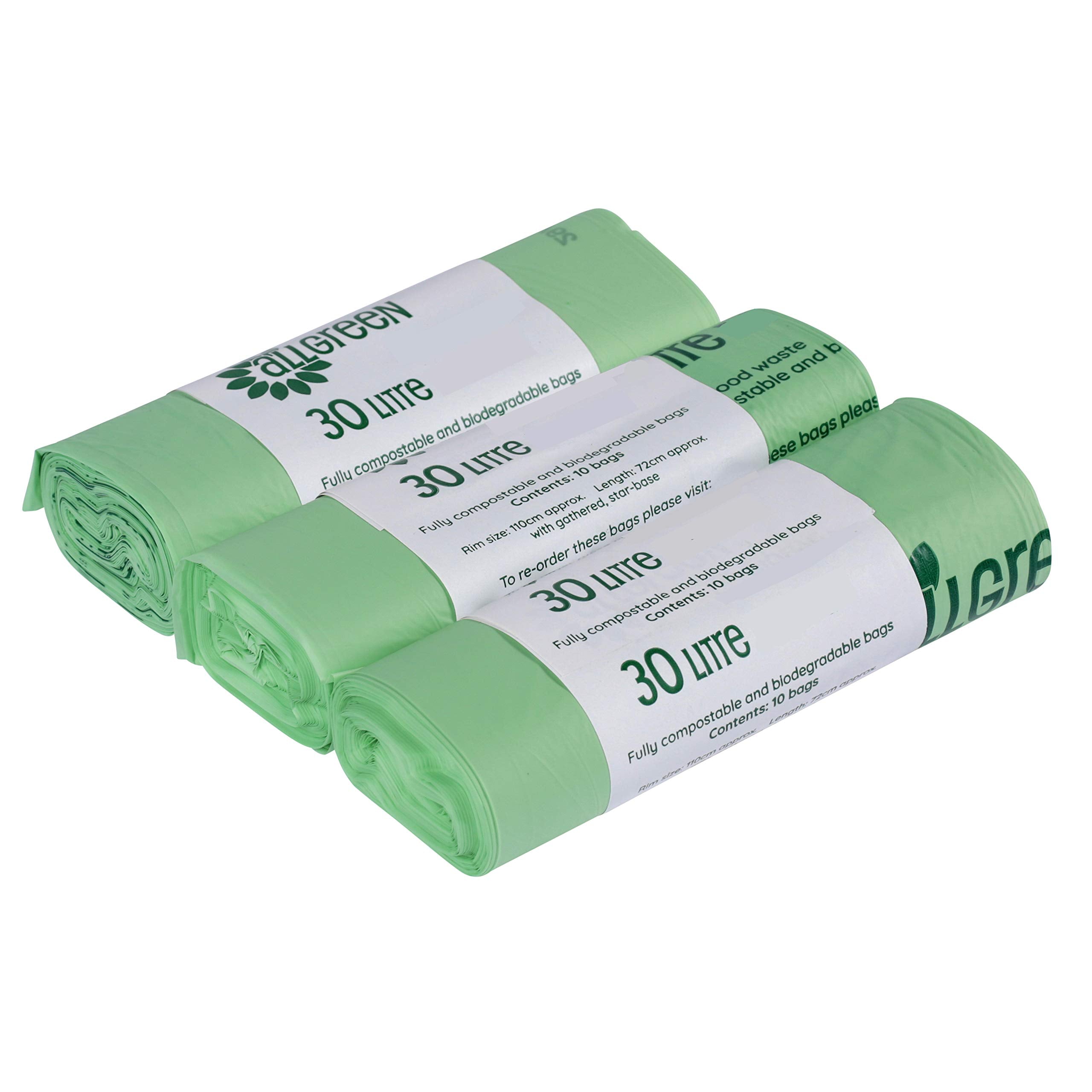 All-Green 30L kompostierbare Bordsteinkanten-Mülleimer-Einlagen – 3 Rollen (30 Beutel) – EN 13432-zertifiziert