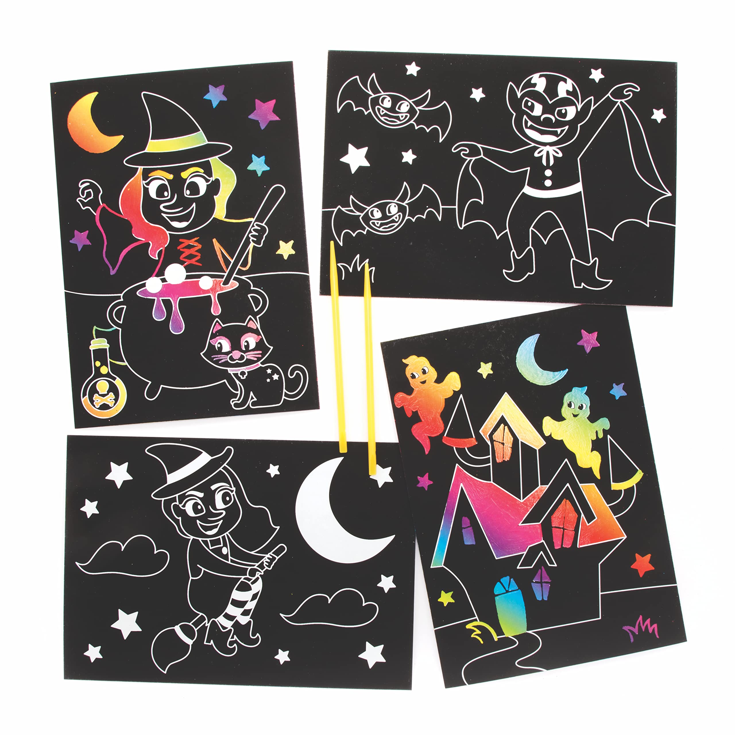 Baker Ross Halloween Scratch Art Pictures - Pack of 8 Rainbow Reveal Craft Set