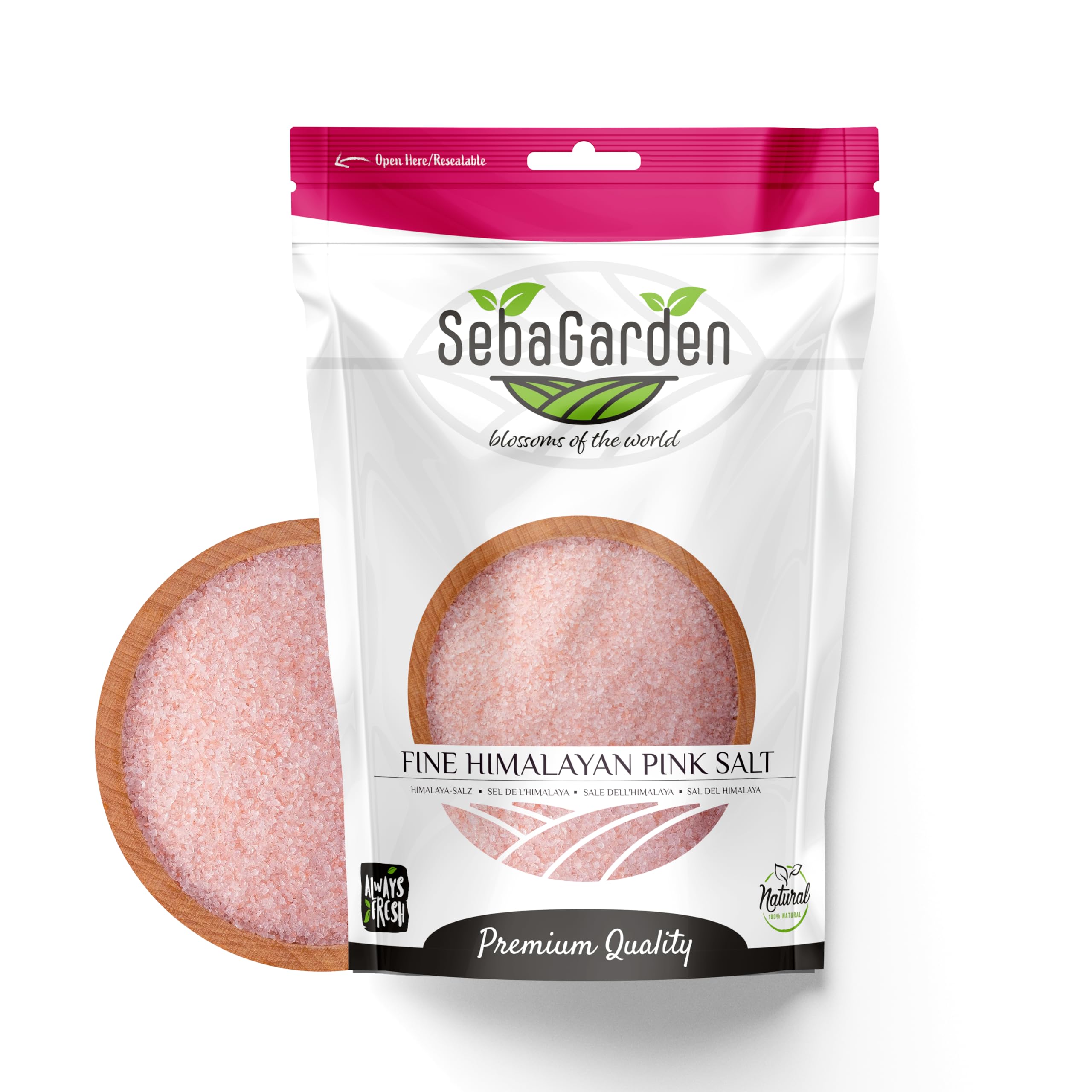 Seba Garden – 100 % reines rosa Himalaya-Salz (extrafein, 1 kg, wiederverschließbarer Doypack)