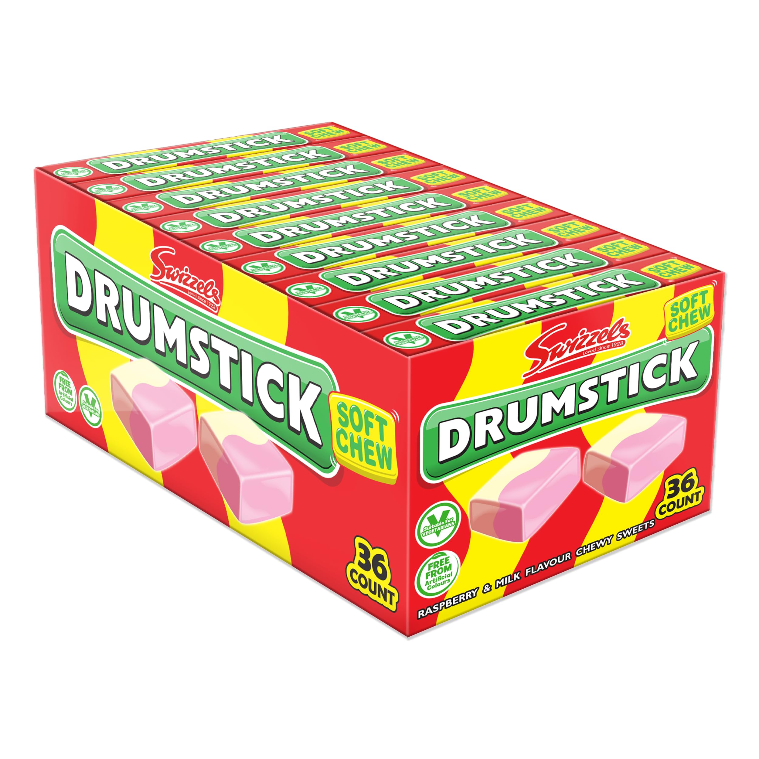 Swizzels Original Drumstick Soft Chew Sweets, Raspberry and Milk Flavour, 36-Pack