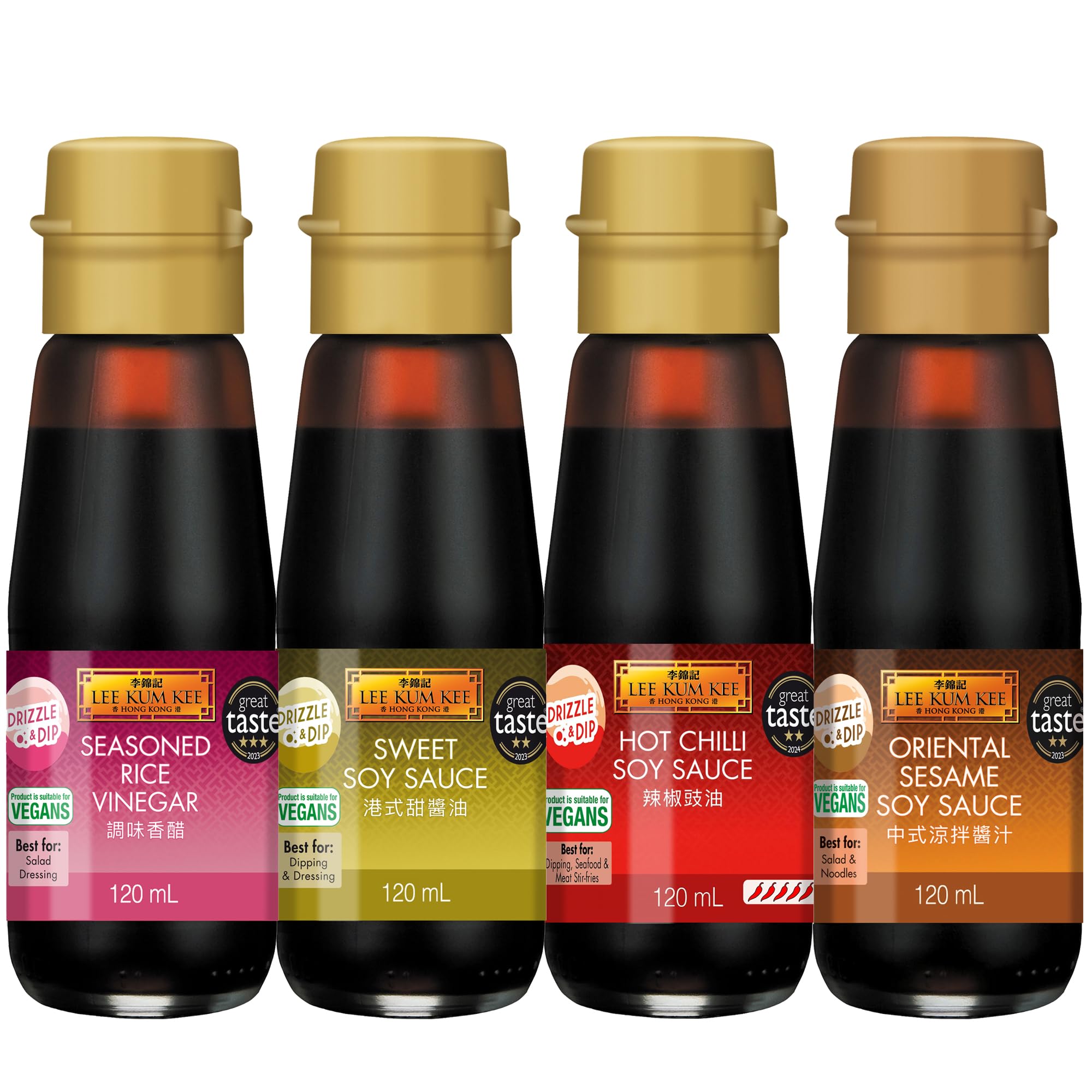Lee Kum Kee Tafelsaucen-Set – 4×120ml | Orientalischer Sesam, scharfe Chili, süße Soja- und Reisessig