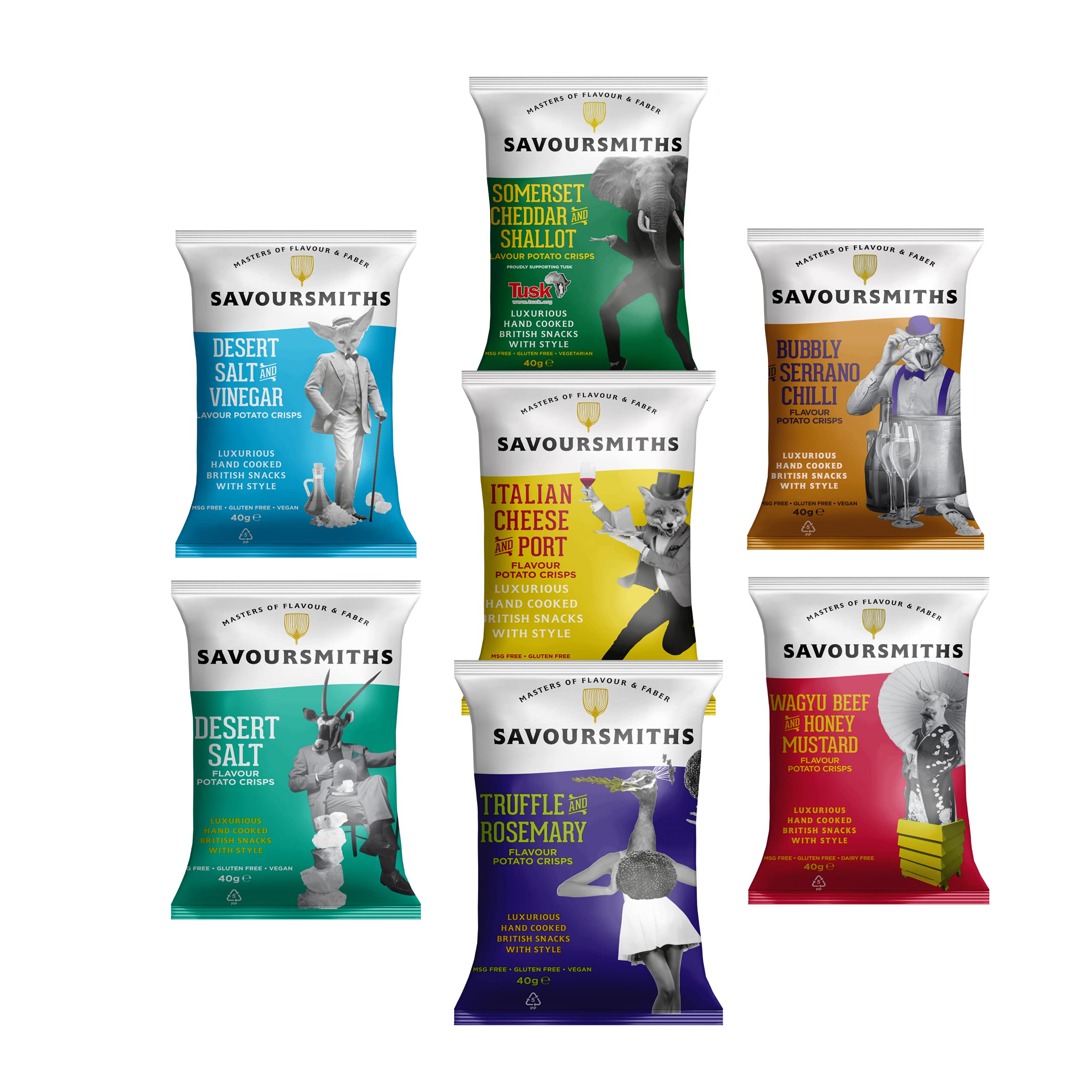 Savoursmiths Probierpaket – Luxuriöse handgekochte britische Kartoffelchips, 7 Stück, 280 g