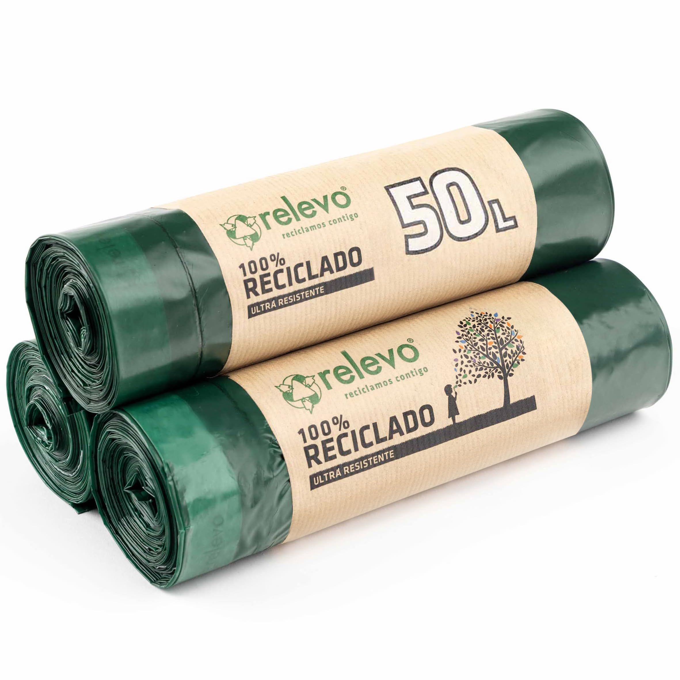 Relevo 100 % recycelte, strapazierfähige Müllbeutel, 50 l, 30 Beutel (70 x 75 cm), Grün